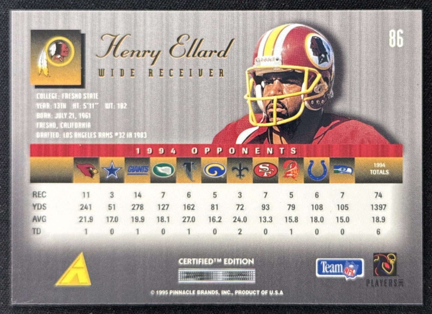 Henry Ellard 1995 Pinnacle Select Certified Redskins Sports Trading Card