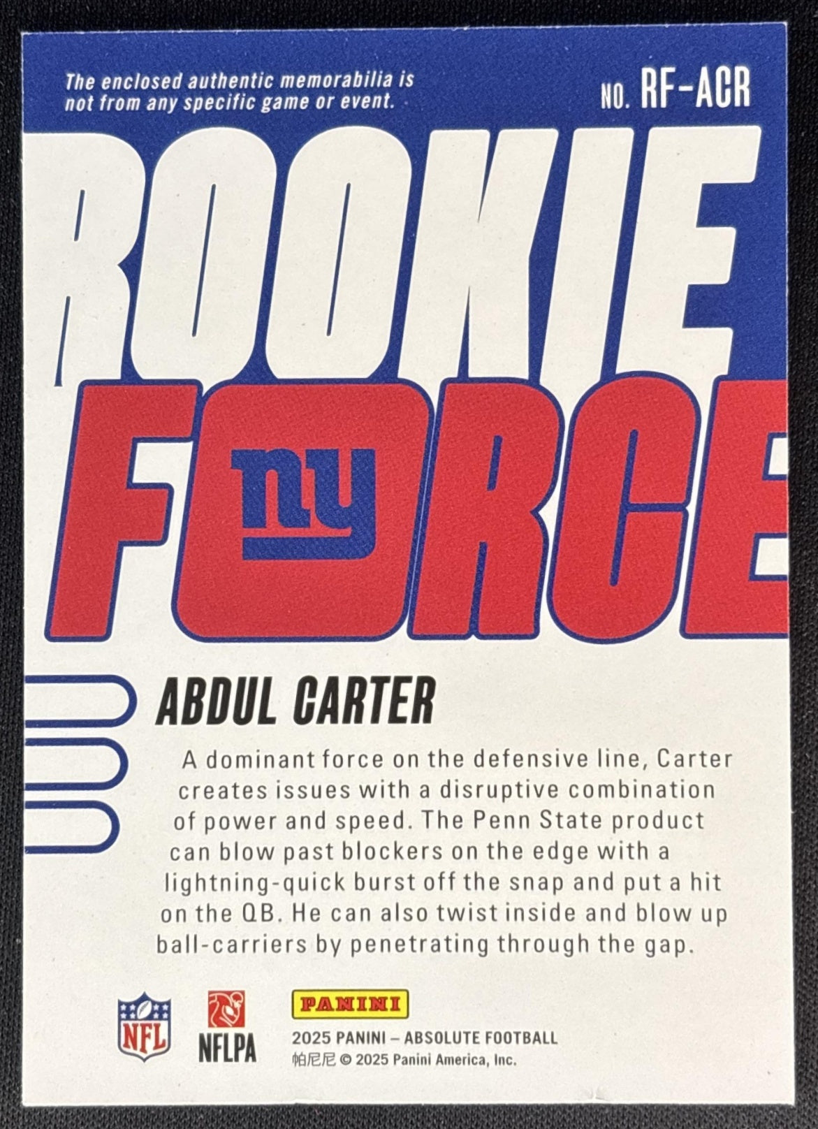 Abdul Carter 2025 Panini Absolute Rookie Force Giants