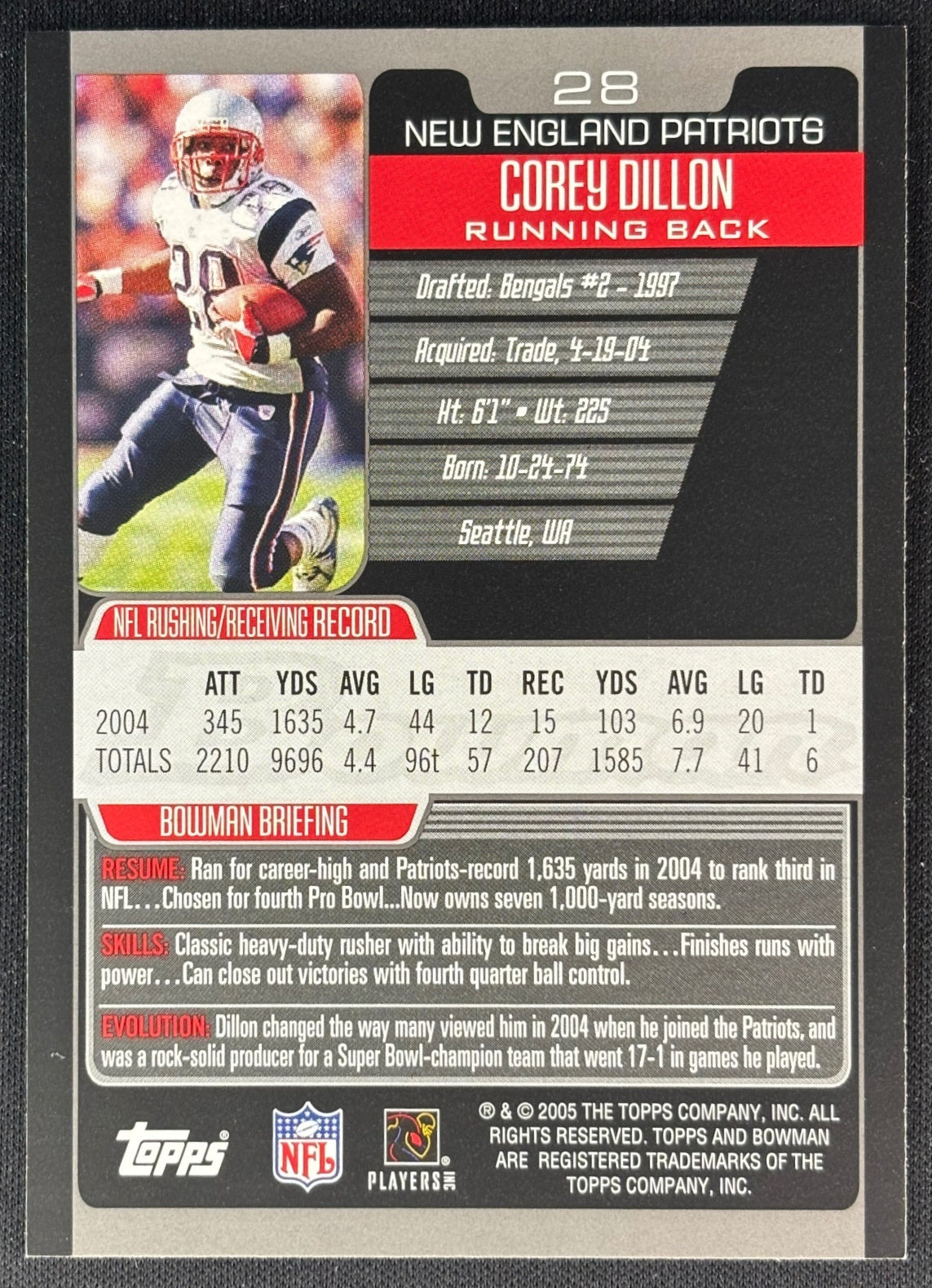 Corey Dillon 2005 Bowman Patriots Sports Trading Cards