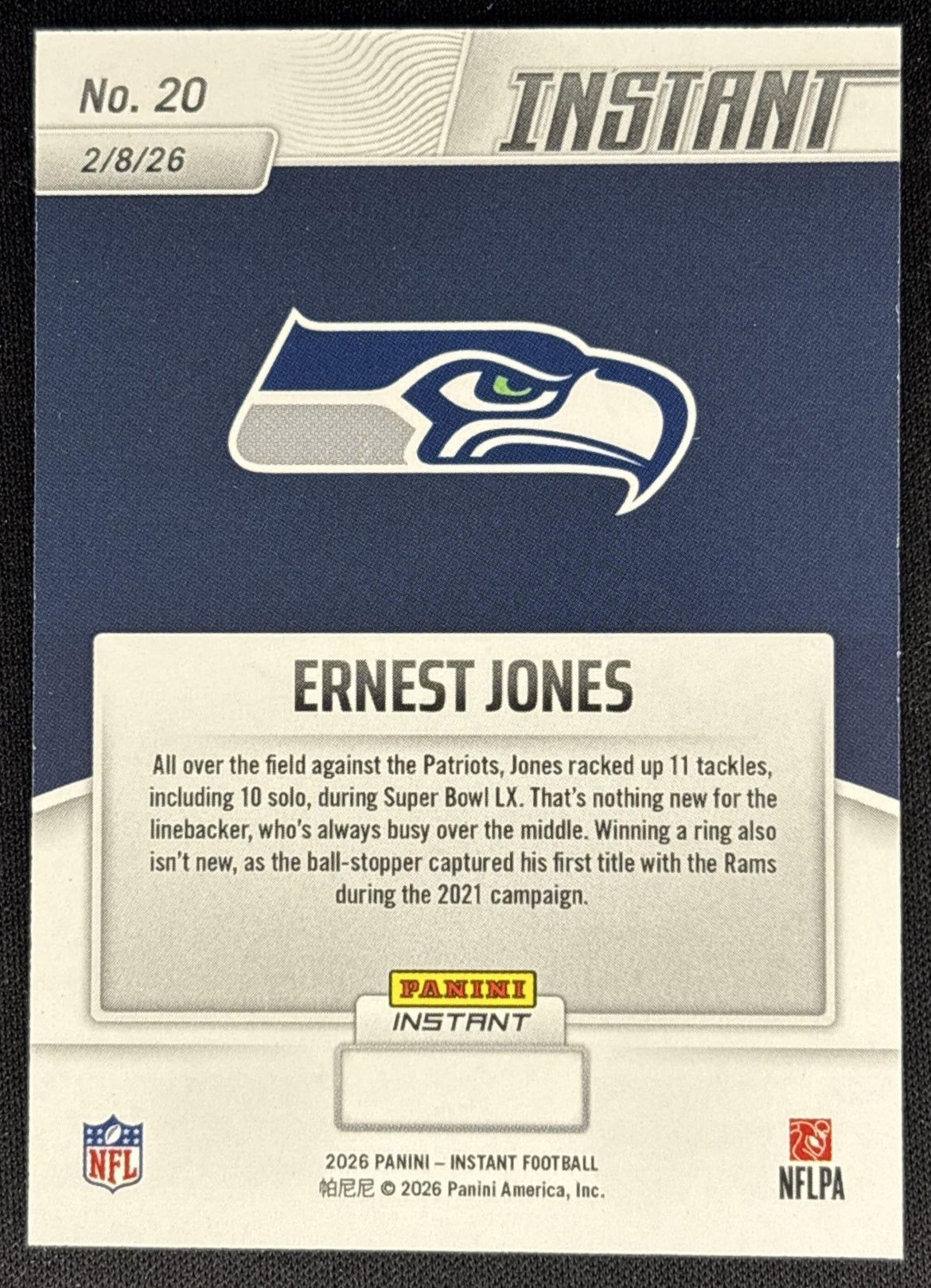 Ernest Jones 2026 Panini Instant Super Bowl LIX Champions Seattle Seahawks