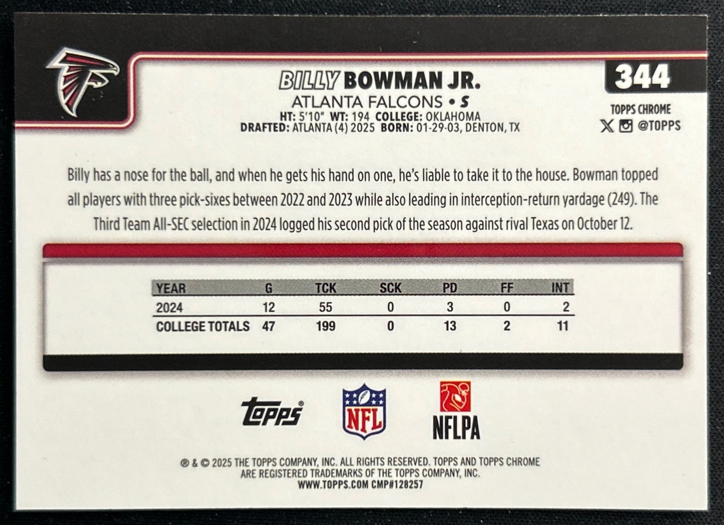 Billy Bowman Jr. 2025 Topps Chrome Rookie Falcons Sports Trading Cards