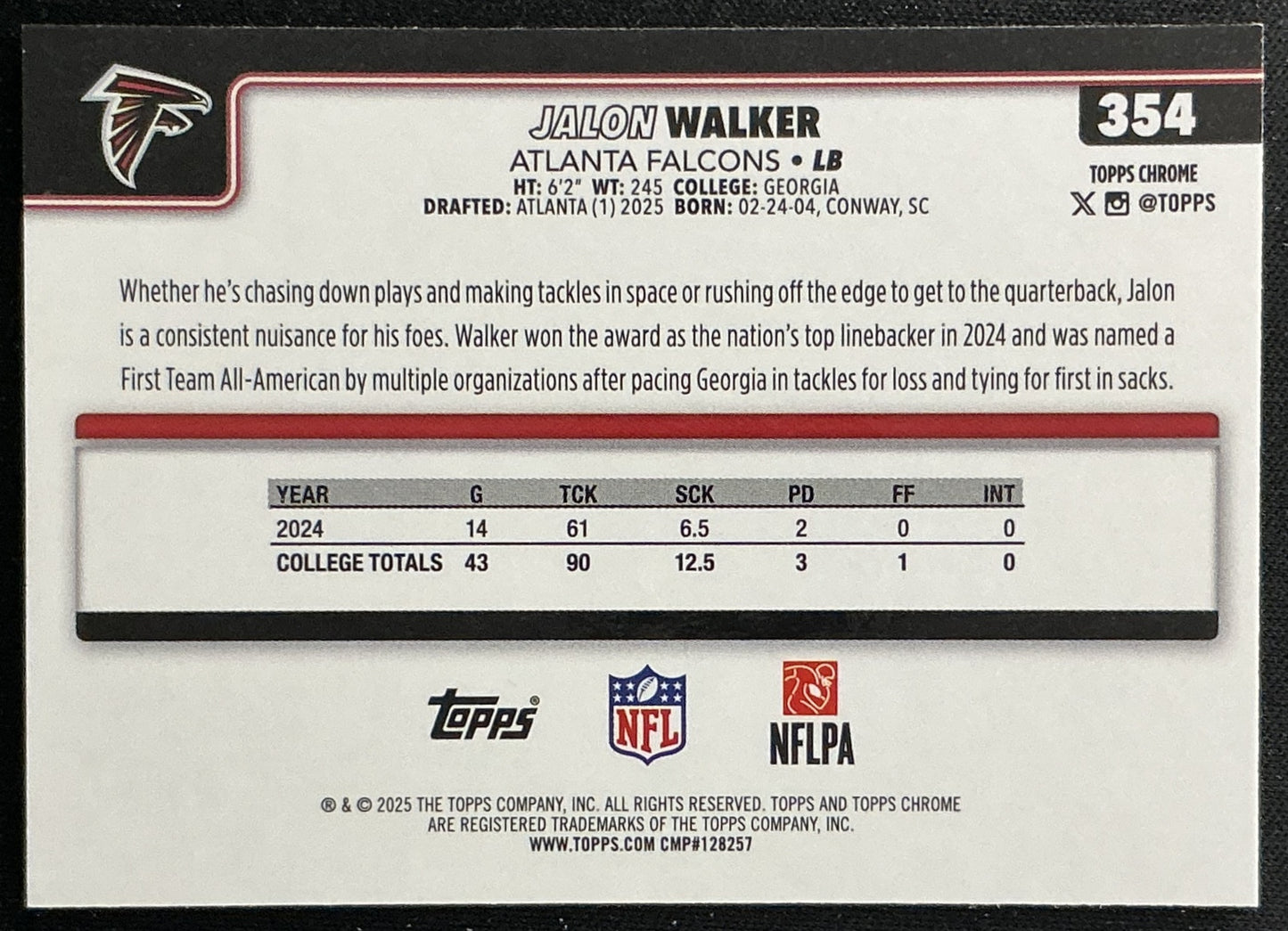 Jalon Walker 2025 Topps Chrome Rookie Falcons Sports Trading Cards