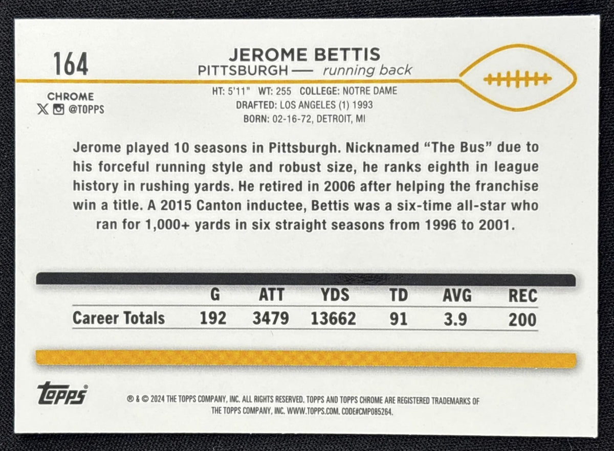 Jerome Bettis 2024 Topps Chrome Purple Speckle Refractor /275 Steelers