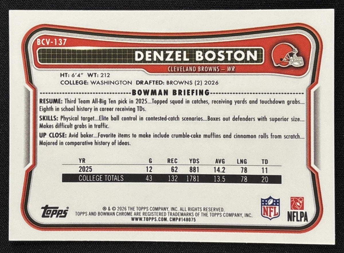 Denzel Boston 2026 Bowman Chrome NFL Gridiron Refractor /125 Browns