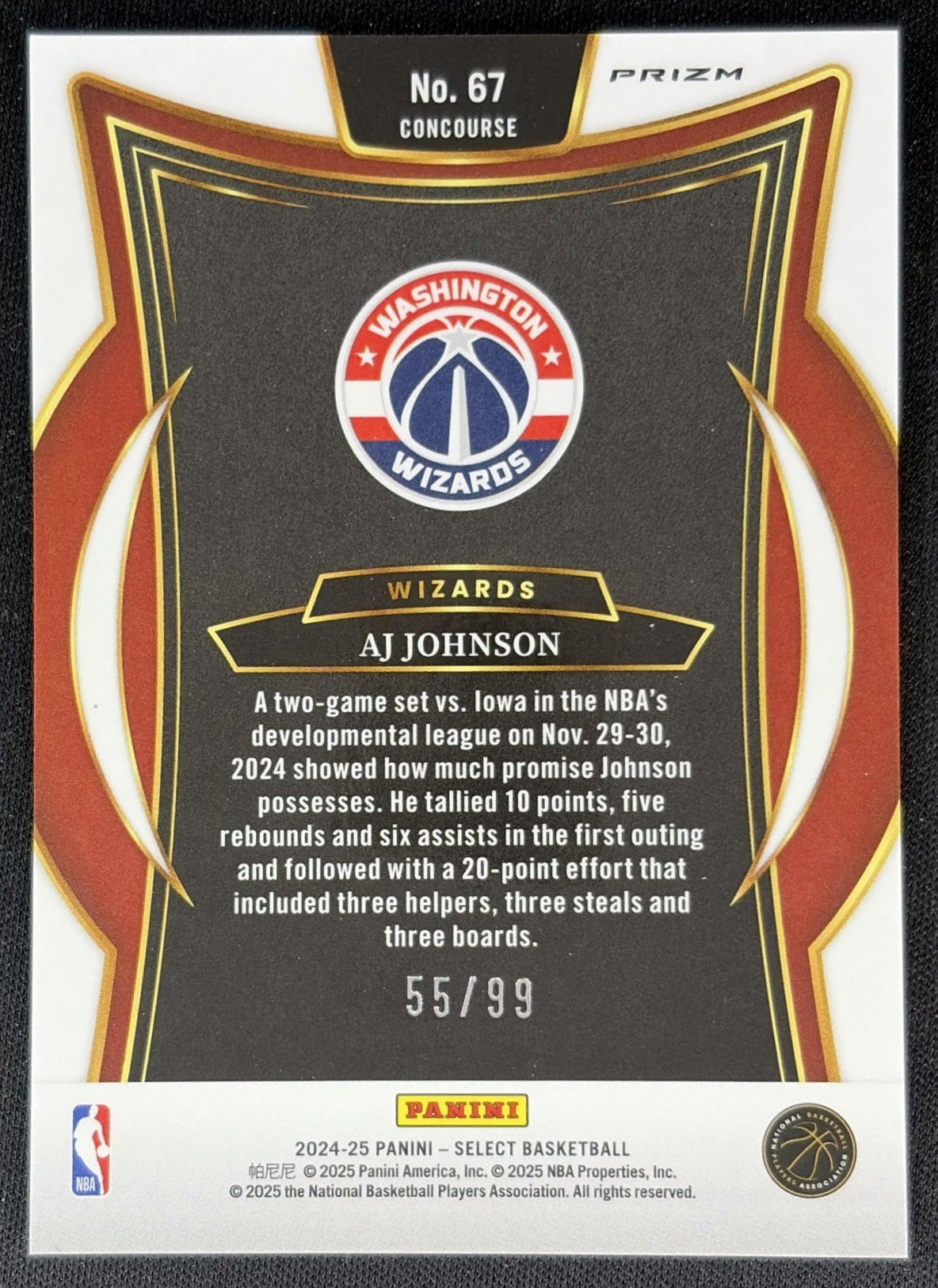 AJ Johnson 2024 Panini Select Concourse Blue Tectonic Prizm /99 Wizards back