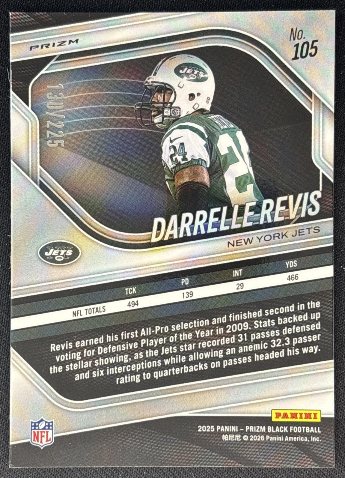 Darrelle Revis 2025 Panini Prizm Black Football /225 Jets back