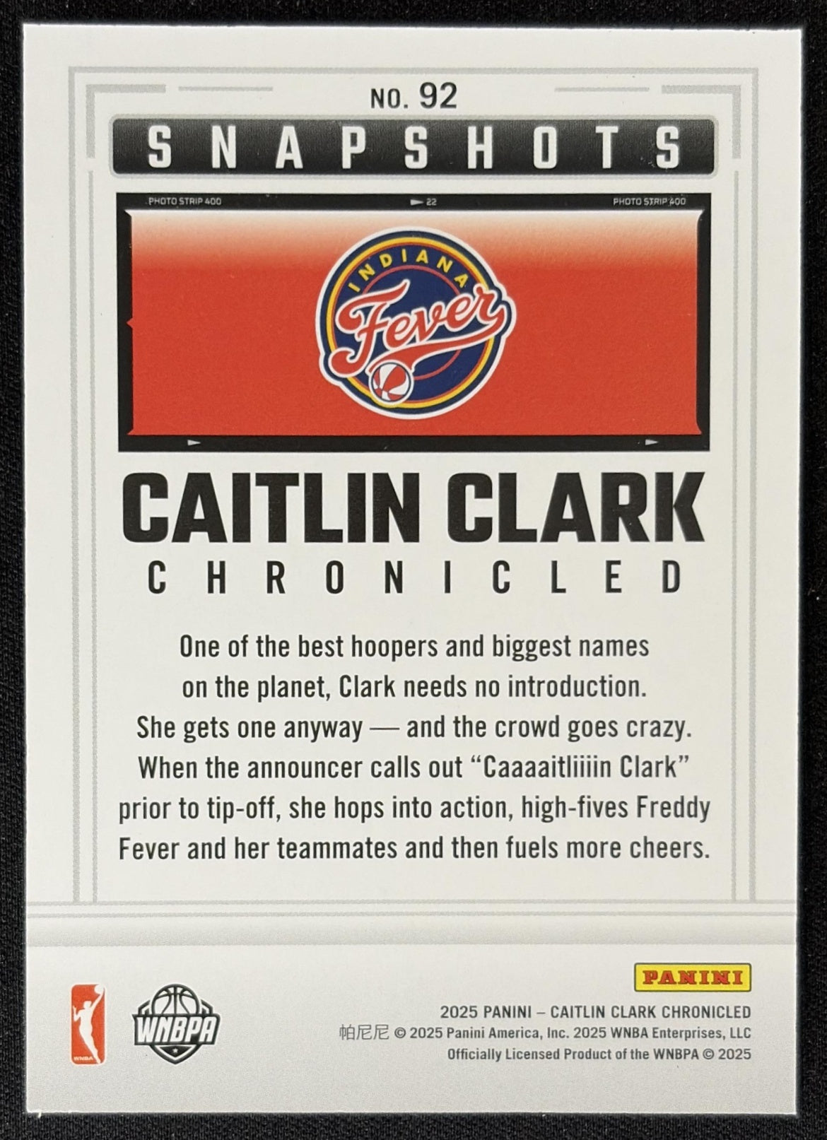 Caitlin Clark 2025 Panini Chronicled Snap Shots Holo Fever 92