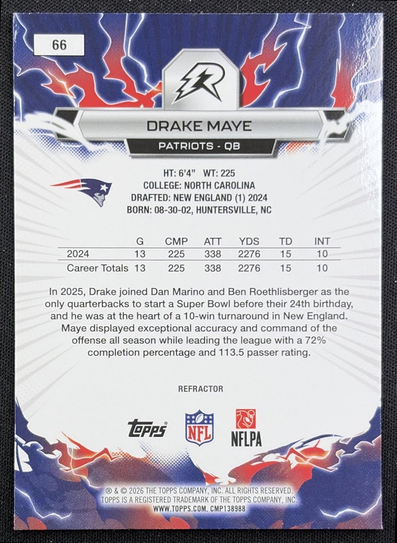Drake Maye 2025 Topps Resurgence Refractor Patriots back