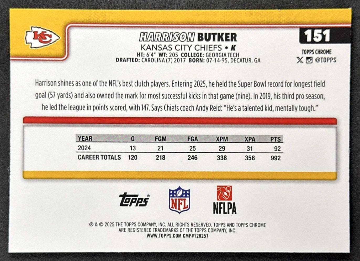 Harrison Butker 2025 Topps Chrome Sapphire Chiefs