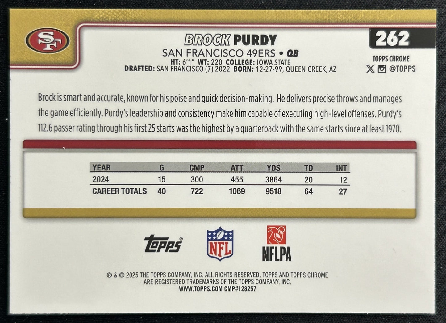 Brock Purdy 2025 Topps Chrome 49ers