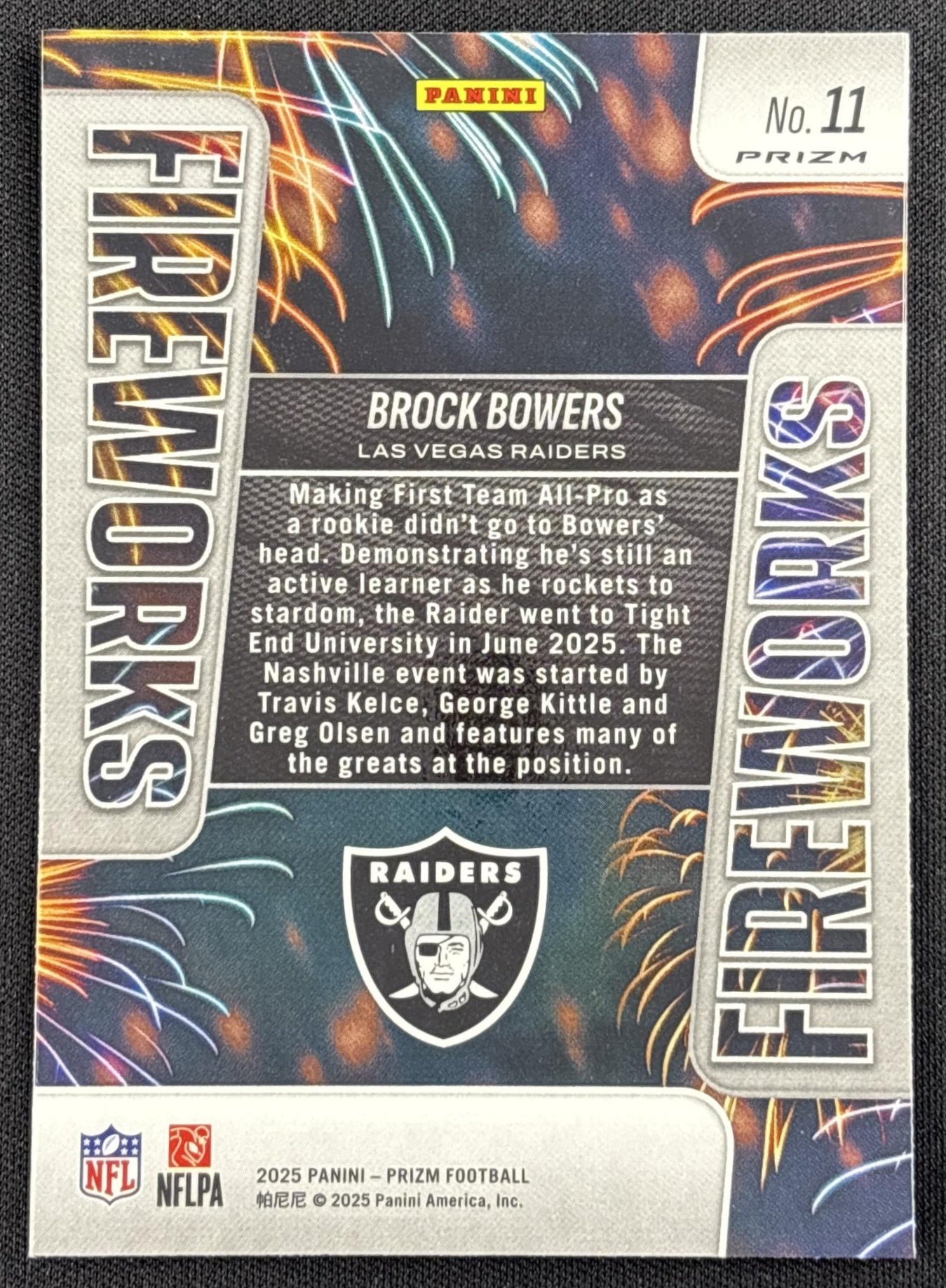 Brock Bowers 2025 Panini Prizm Fireworks No Huddle Raiders