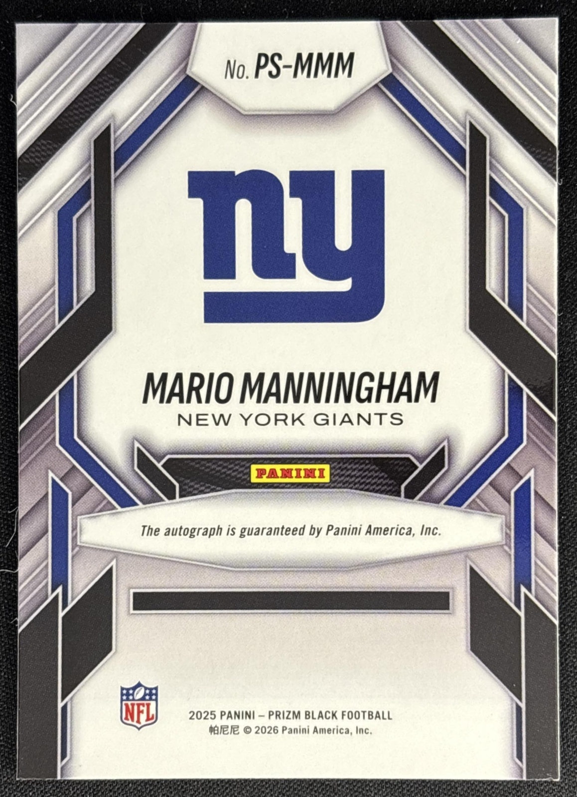 Mario Manningham 2025 Panini Prizm Black Prolific Signatures Giants