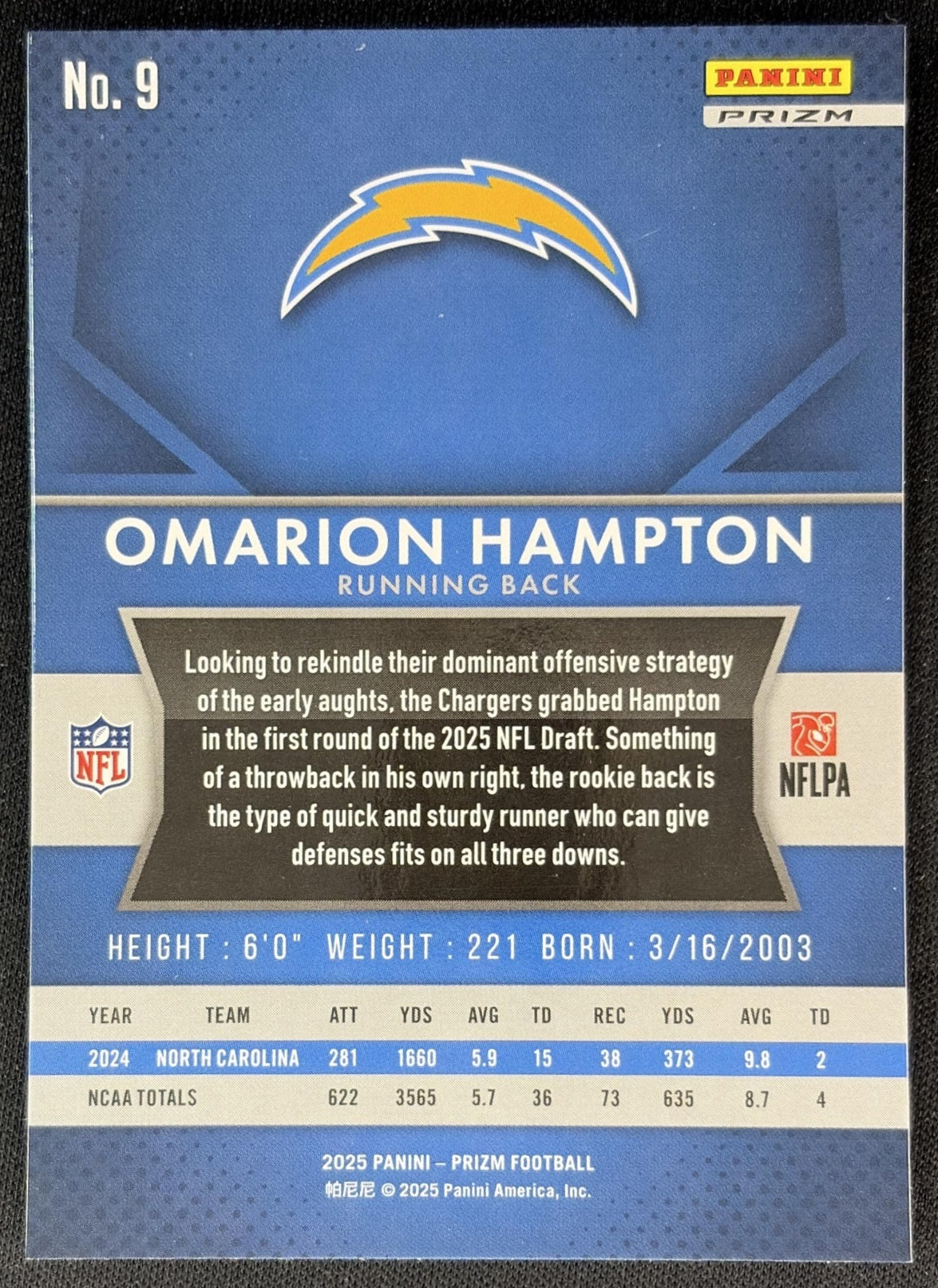 Omarion Hampton 2025 Panini Prizm Rookie Flashback Silver Chargers Sports Trading Cards