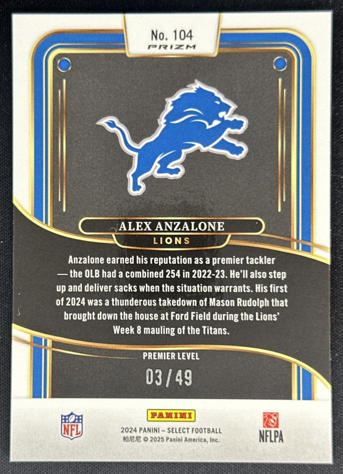 Alex Anzalone 2024 Panini Select Premier Neon Green Prizm /49 Lions Sports Trading Cards