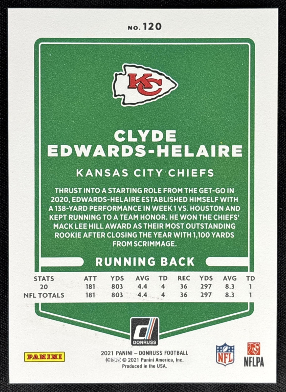 Clyde Edwards-Helaire 2021 Panini Donruss Press Proof Premium Chiefs Sports Trading Card