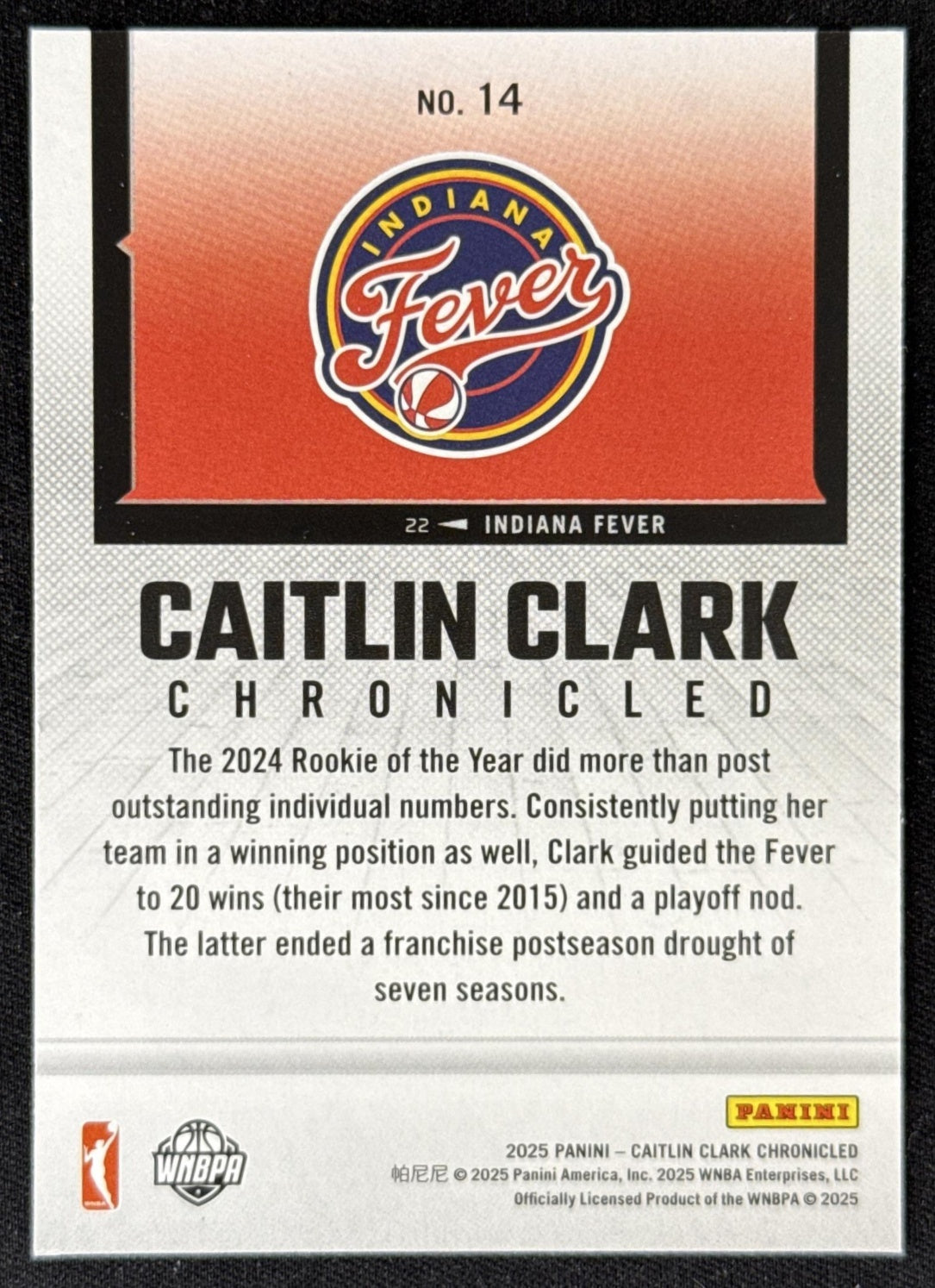 Caitlin Clark 2025 Panini Chronicled WNBA Fever 14 Sports Trading Card