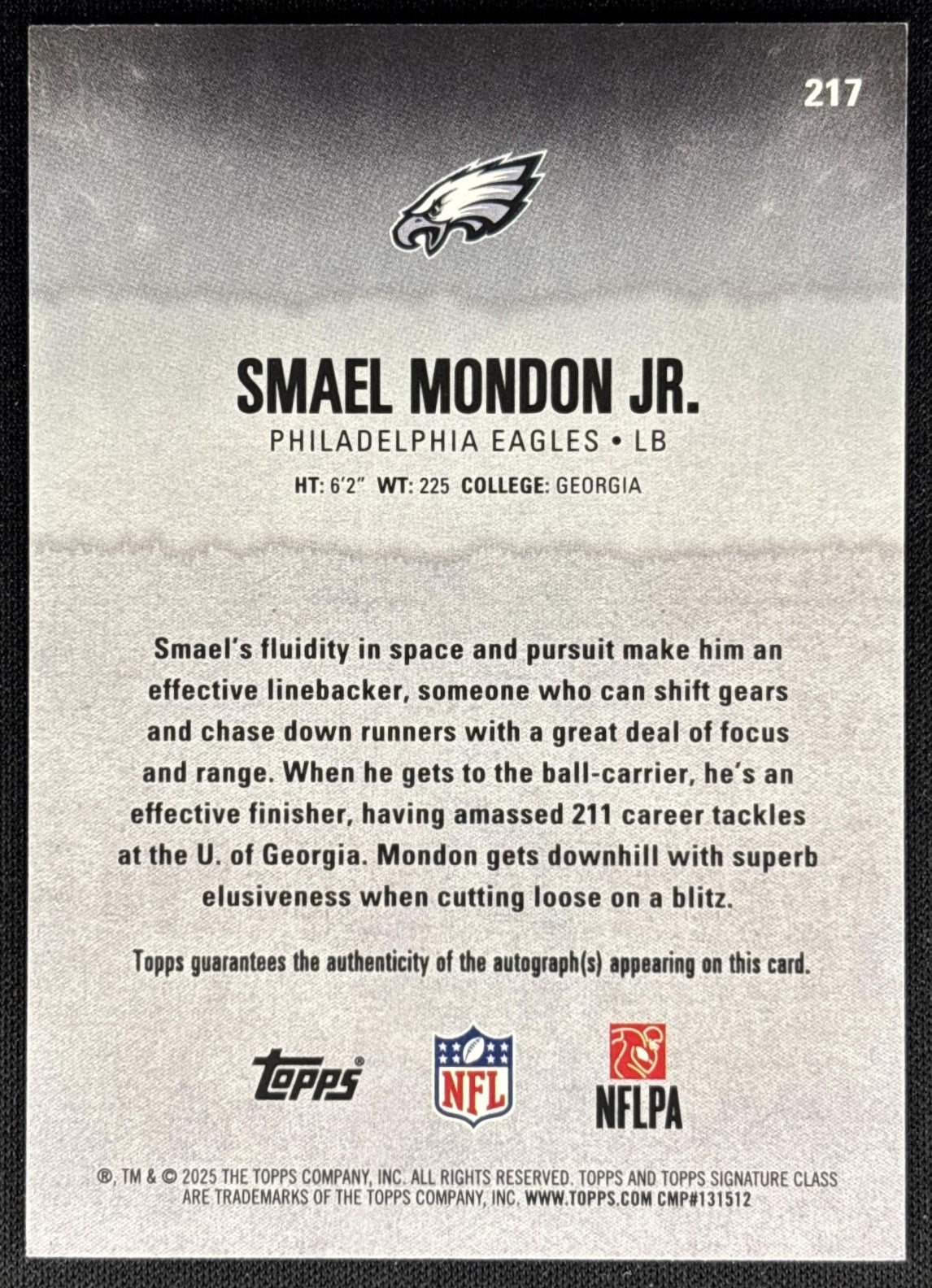 Smael Mondon Jr. 2025 Topps Signature Class Rookie Auto Green Foil /150 Eagles Sports Trading Cards