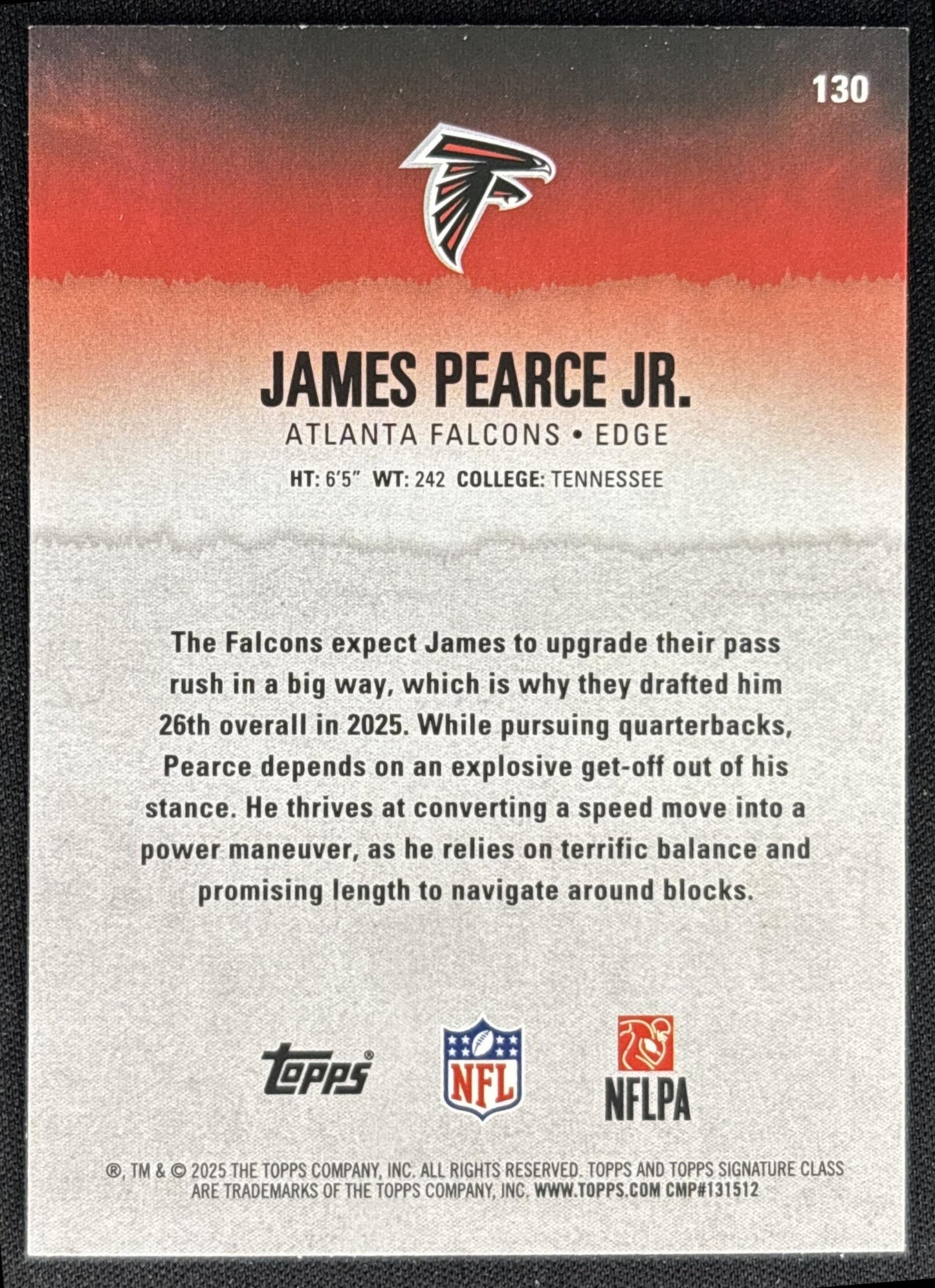 James Pearce Jr. 2025 Topps Signature Class Rookie Magenta Foil /250 Falcons