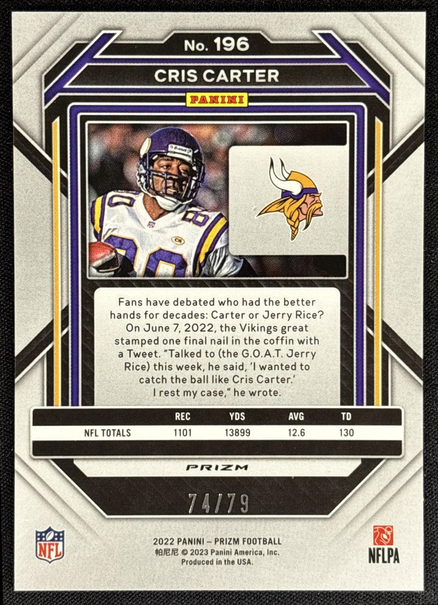 Cris Carter 2022 Panini Prizm No Huddle Blue /79 Vikings