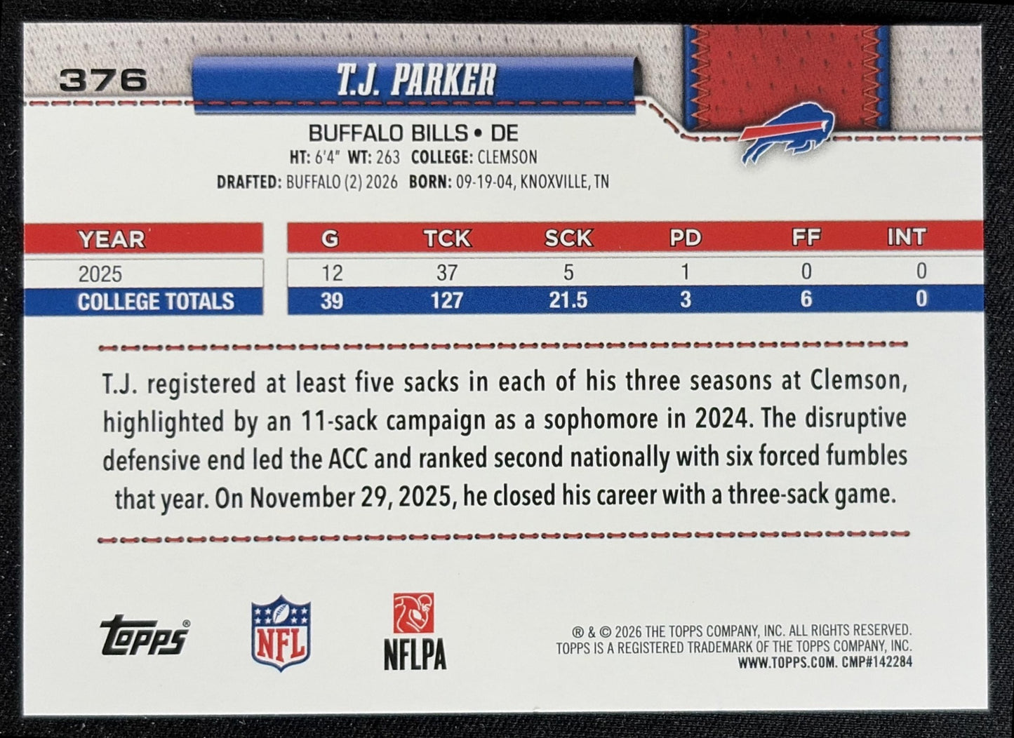 T.J. Parker 2026 Topps Rainbow Foil Bills back