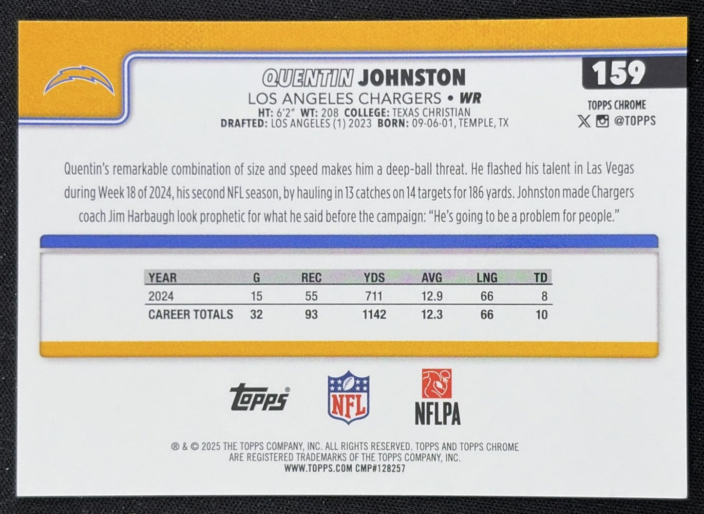 Quentin Johnston 2025 Topps Chrome Gold Geometric Refractor /50 Chargers Los Angeles Chargers