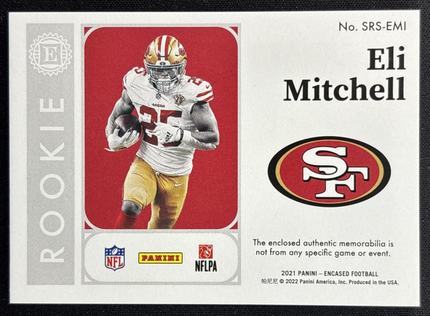 Eli Mitchell 2021 Panini Encased Substantial Rookie Swatches Gold /25 49ers Back