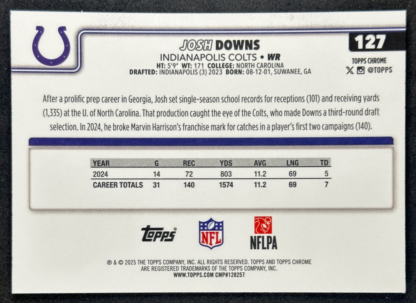 Josh Downs 2025 Topps Chrome RayWave Refractor Colts Sports Trading Cards