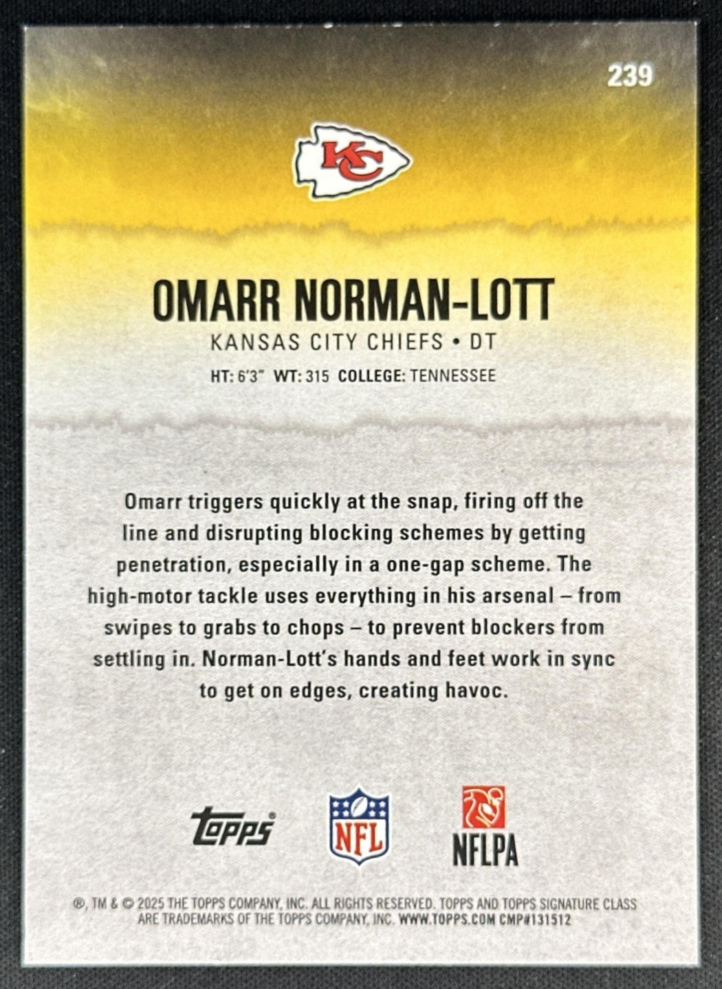 Omarr Norman-Lott 2025 Topps Signature Class Rookie Teal Foil /225 Chiefs Sports Trading Cards