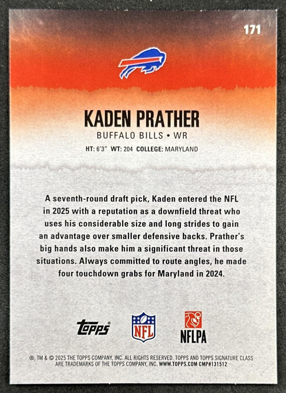 Kaden Prather 2025 Topps Signature Class Rookie Blue & Yellow Foil Bills