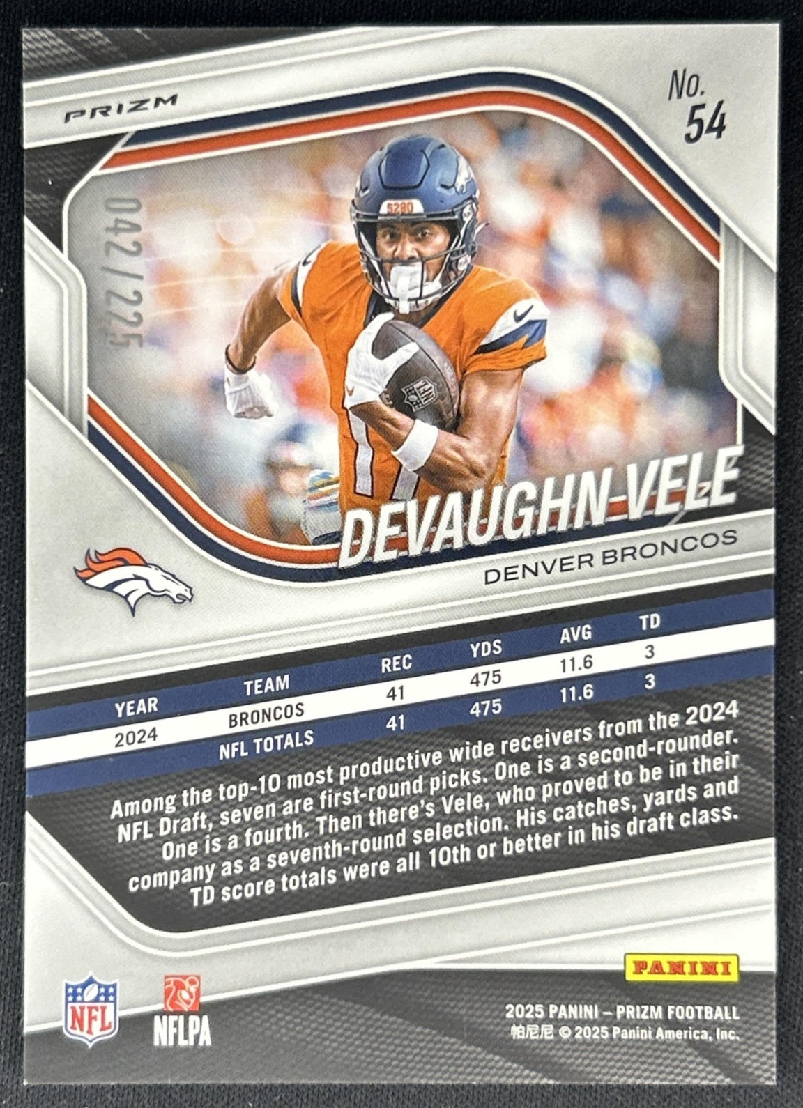 Devaughn Vele 2025 Panini Prizm Purple Ice /225 Broncos back