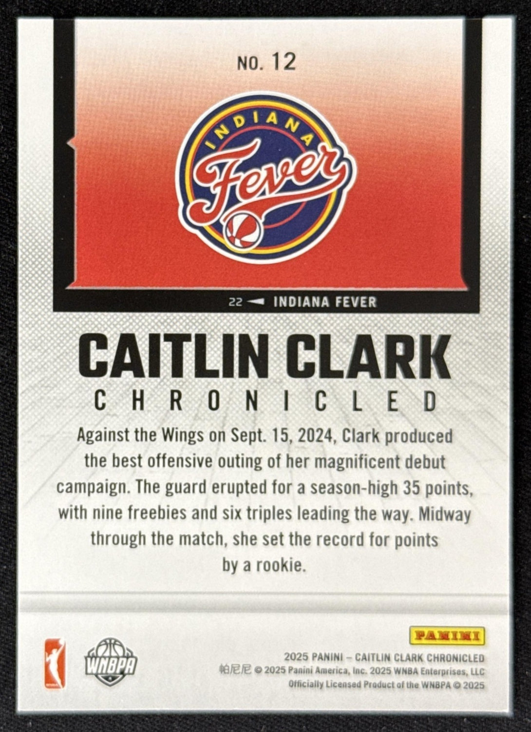 Caitlin Clark 2025 Panini Chronicled WNBA Fever 12 Sports Trading Card