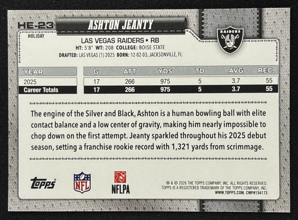 Ashton Jeanty 2026 Topps Holiday Hidden Elf Raiders Sports Trading Card