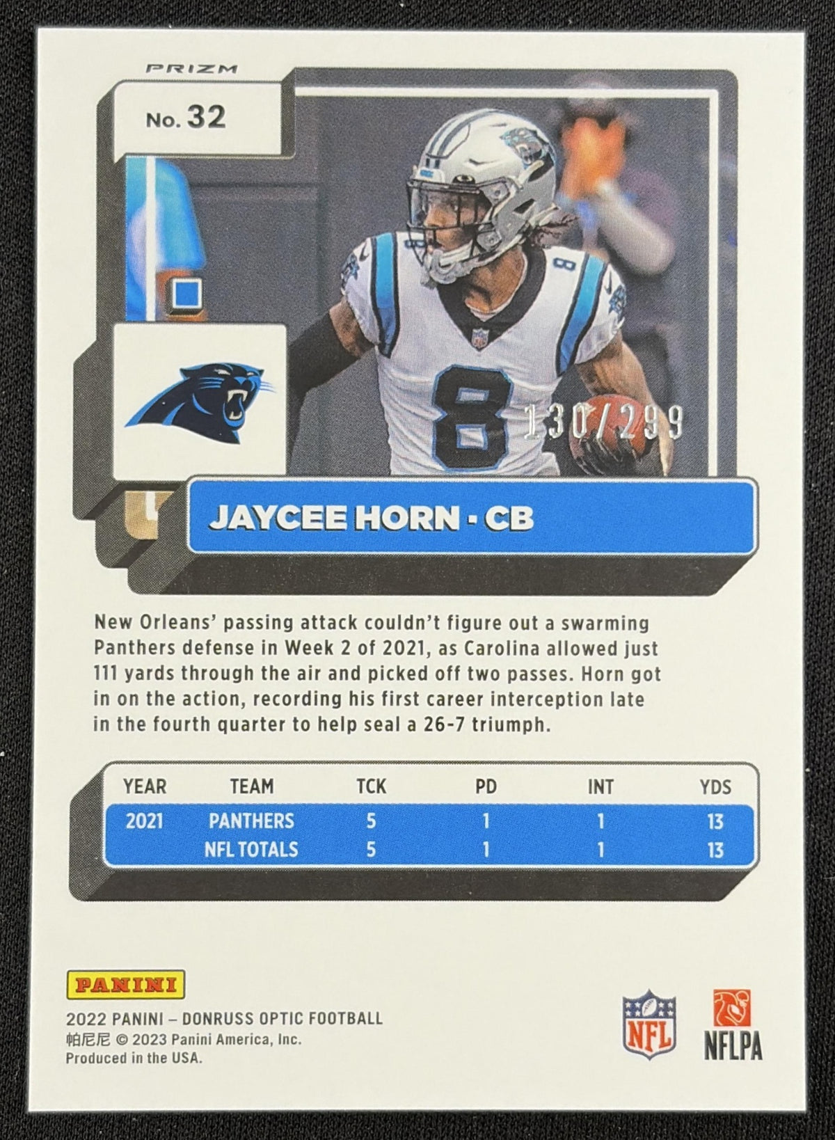 Jaycee Horn 2022 Panini Donruss Optic Aqua /299 Panthers Sports Trading Card
