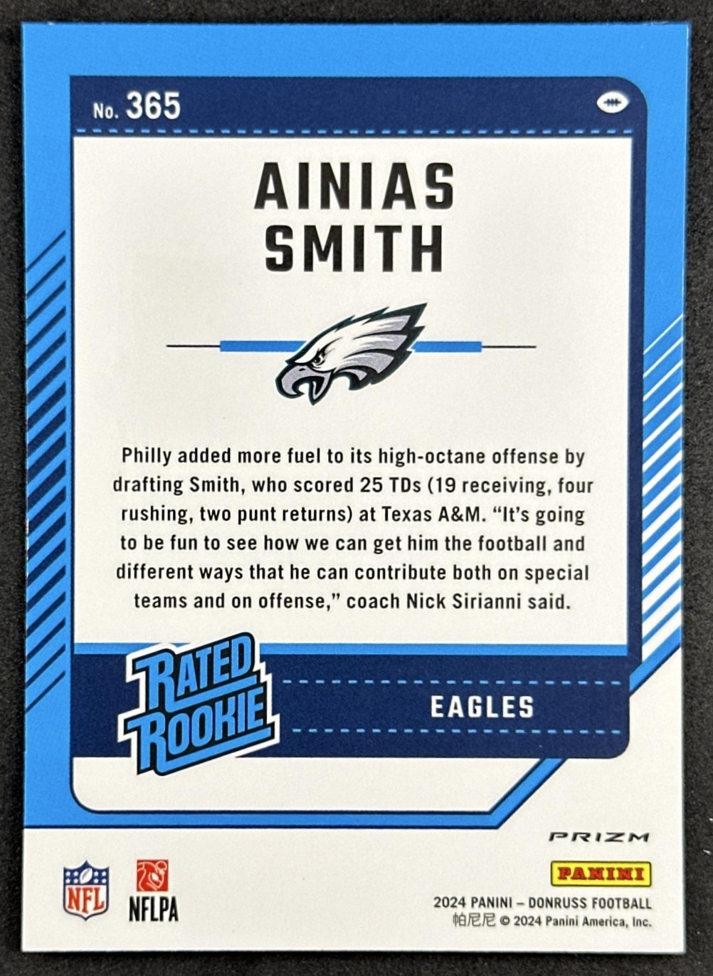 Ainias Smith 2024 Panini Donruss Optic Rated Rookie Preview Pink Eagles Sports Trading Cards