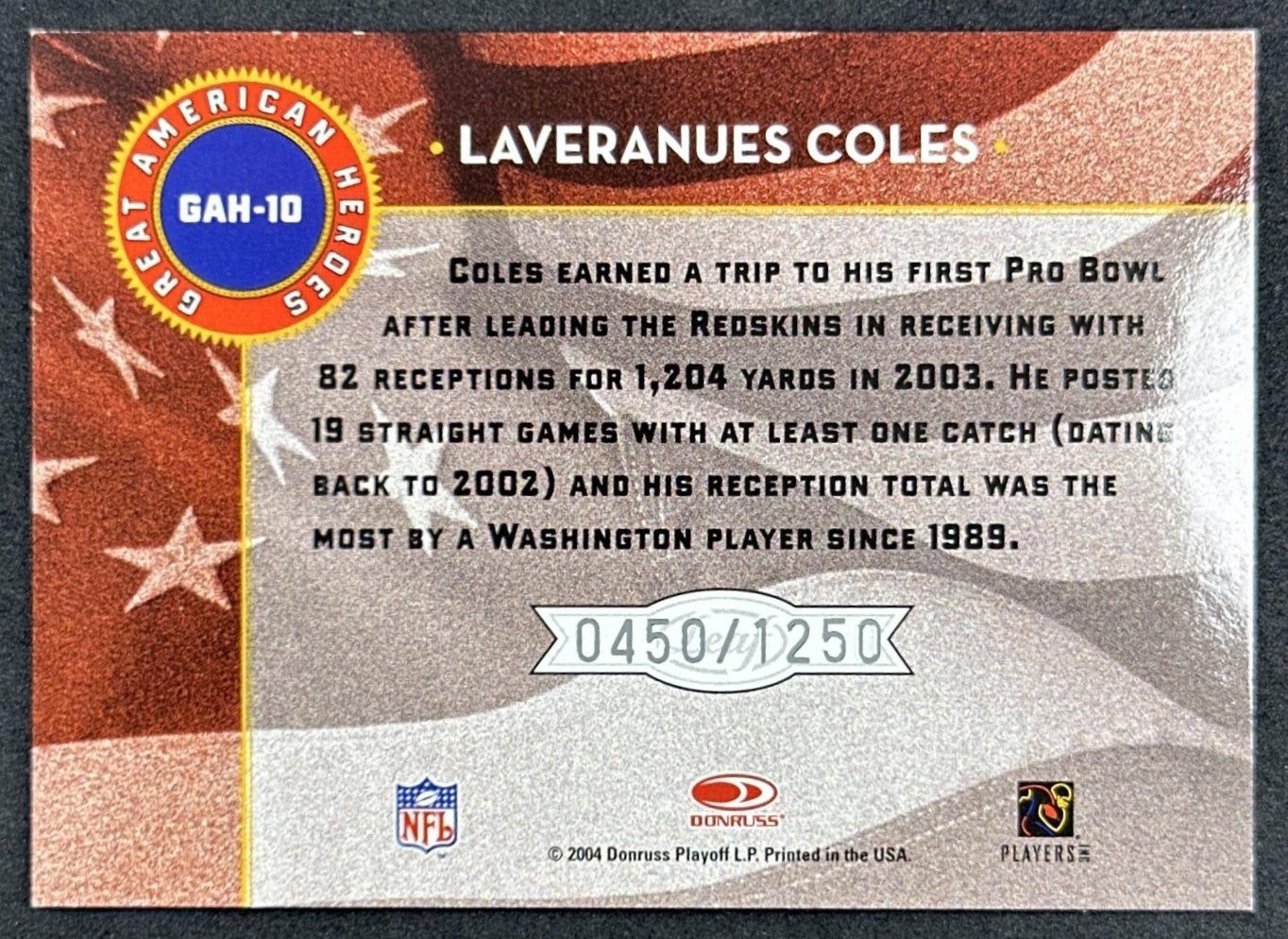 Laveranues Coles 2004 Donruss Classics Dress Code Jerseys /250 Redskins Commanders back