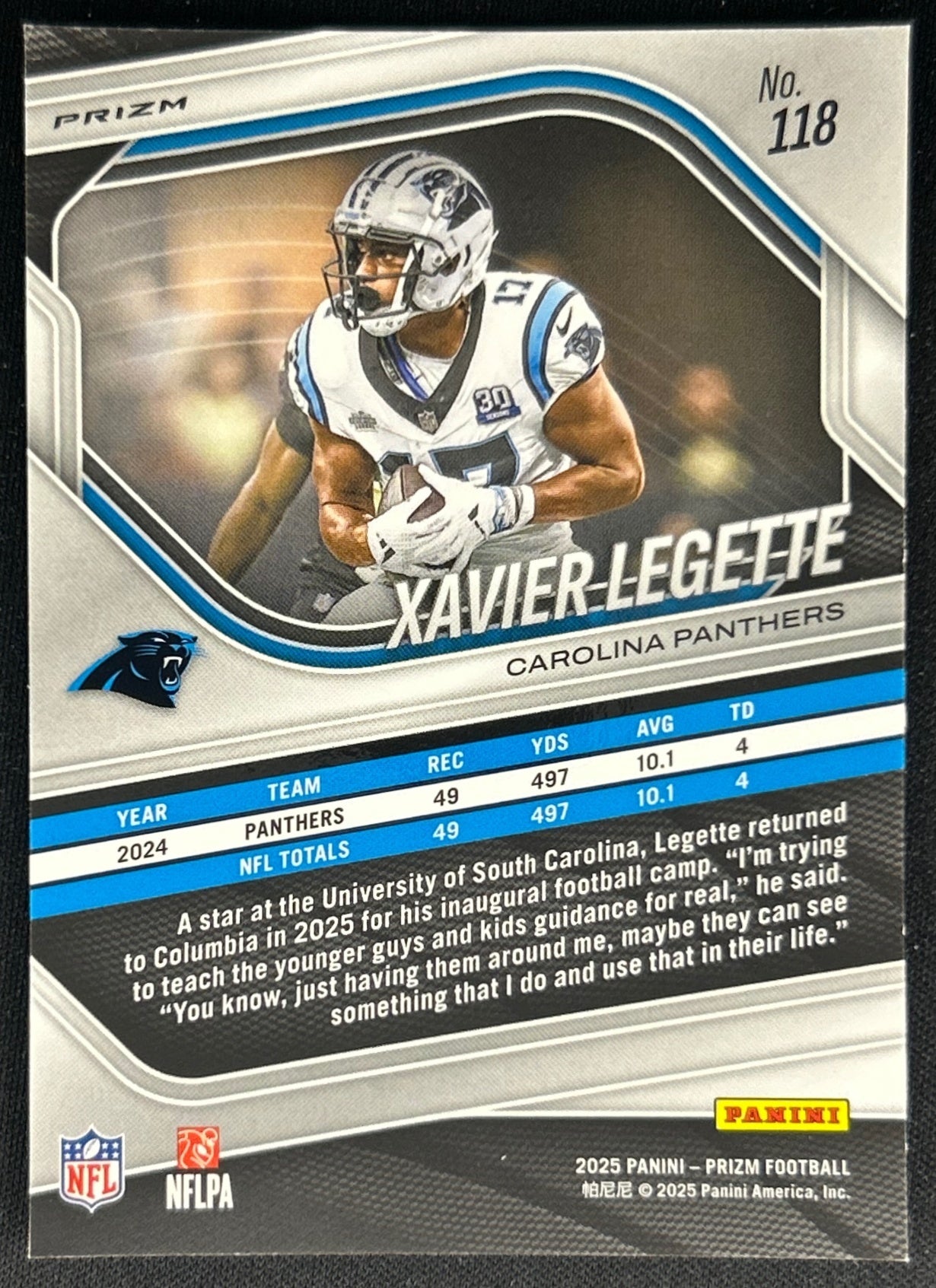 Xavier Legette 2025 Panini Prizm Black & White Checker Panthers Sports Trading Cards
