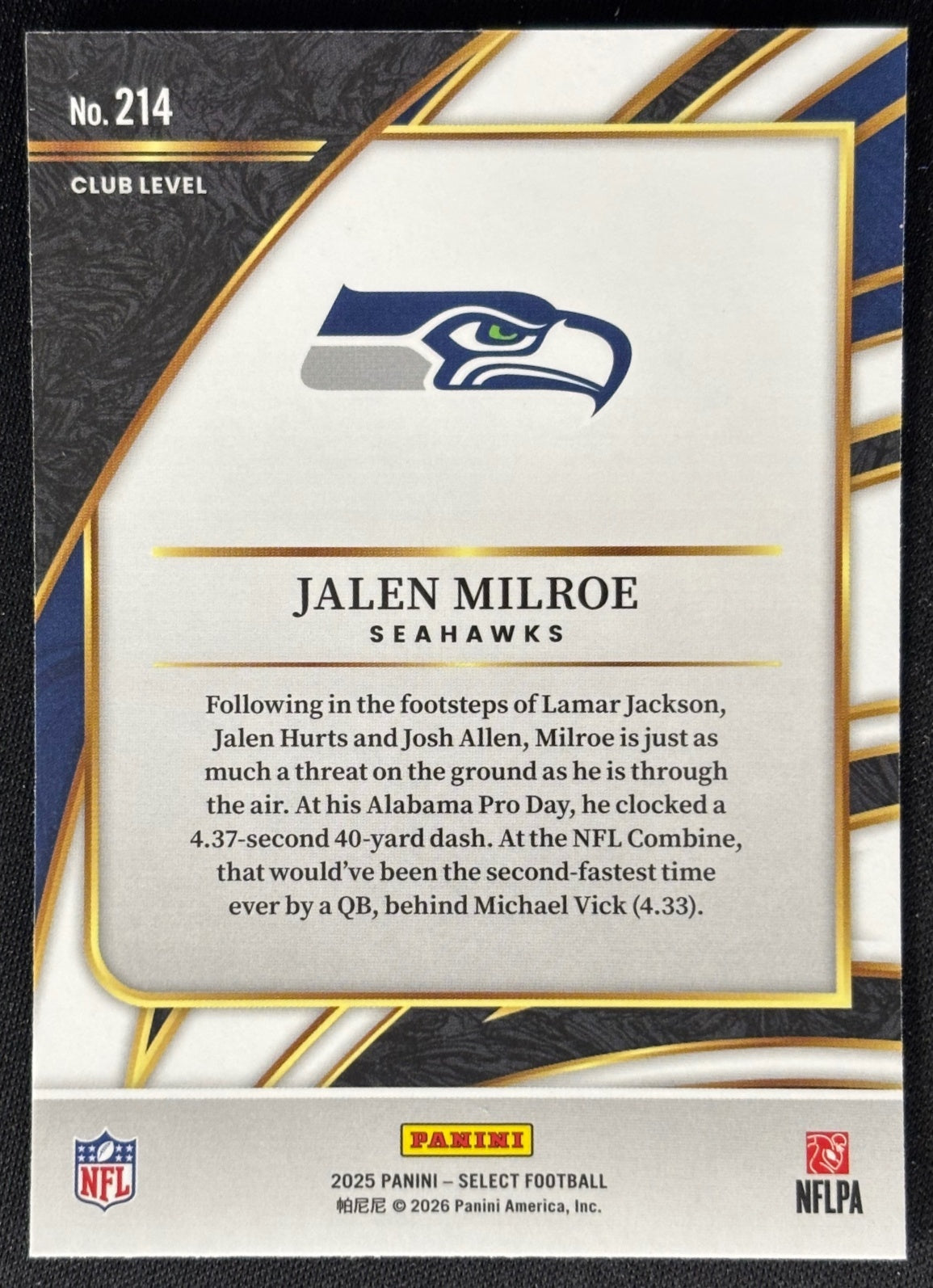 Jalen Milroe 2025 Select Club Level Seahawks Sports Trading Card