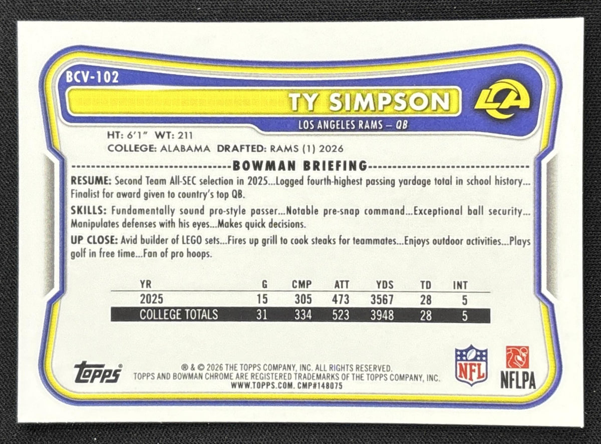 Ty Simpson 2026 Bowman Chrome NFL Mojo Refractor Rams
