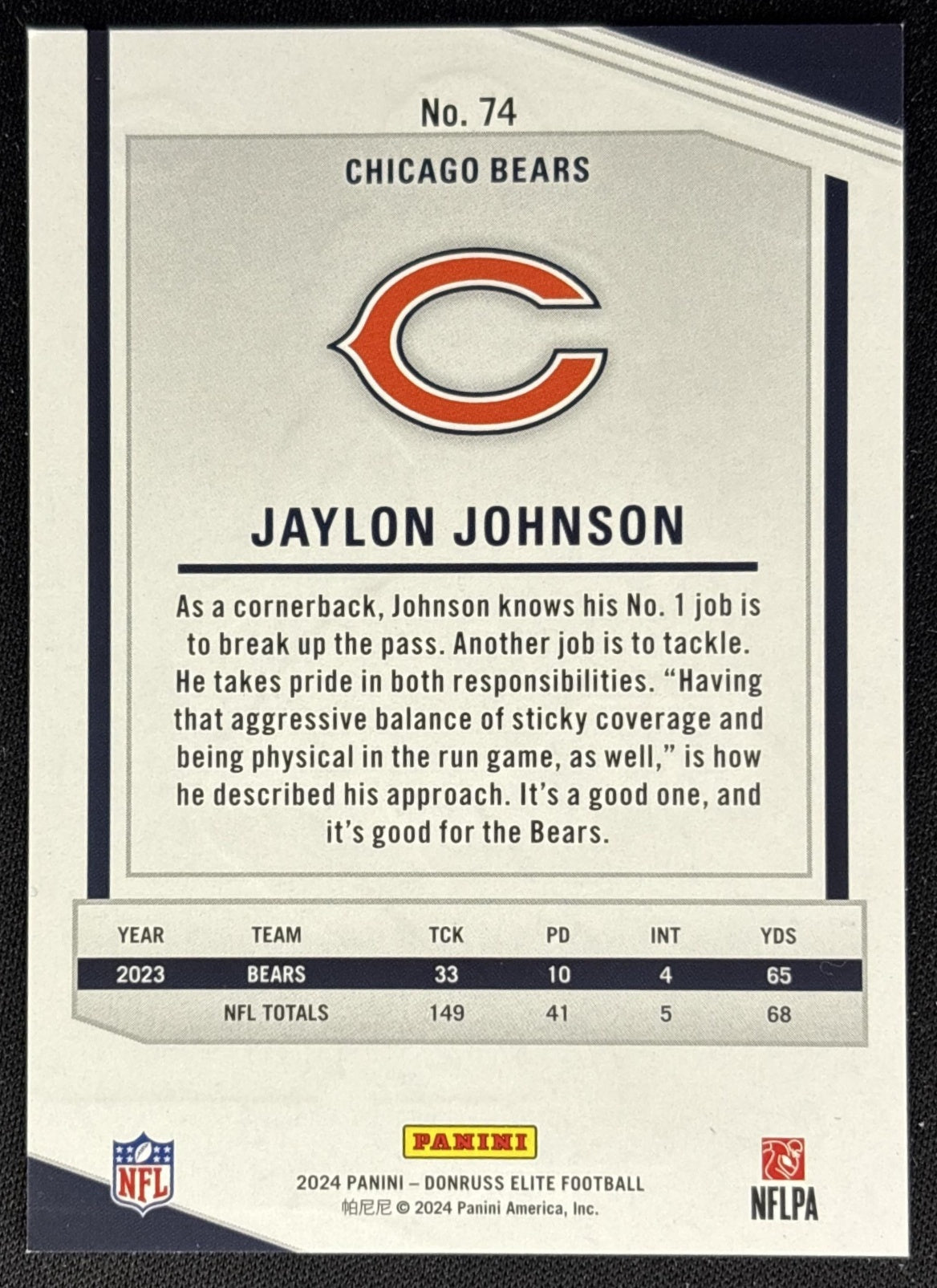 Jaylon Johnson 2024 Panini Donruss Elite Maroon /249 Bears back
