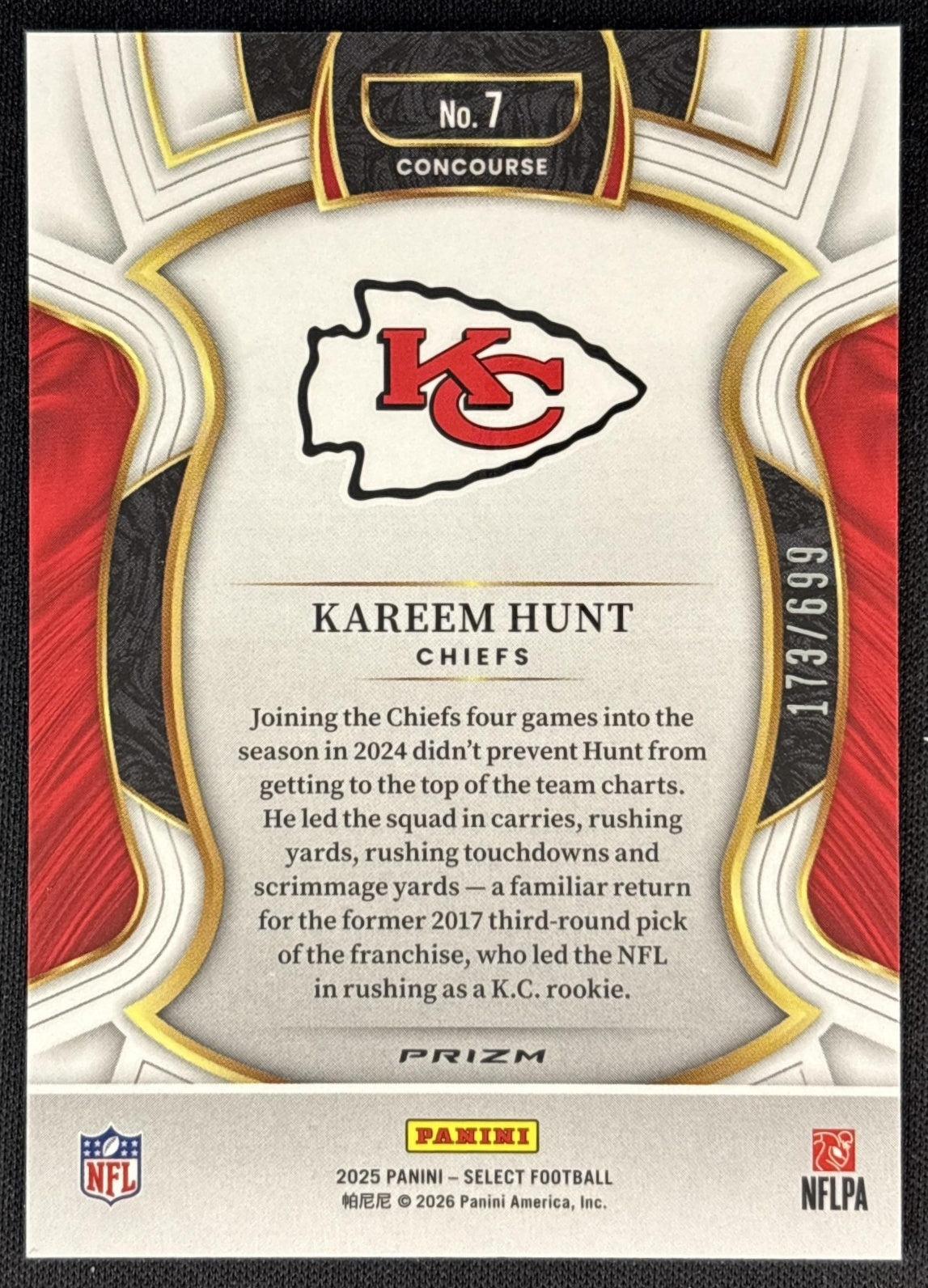 Kareem Hunt 2025 Panini Select Concourse Purple Prizm Shock /699 Chiefs back