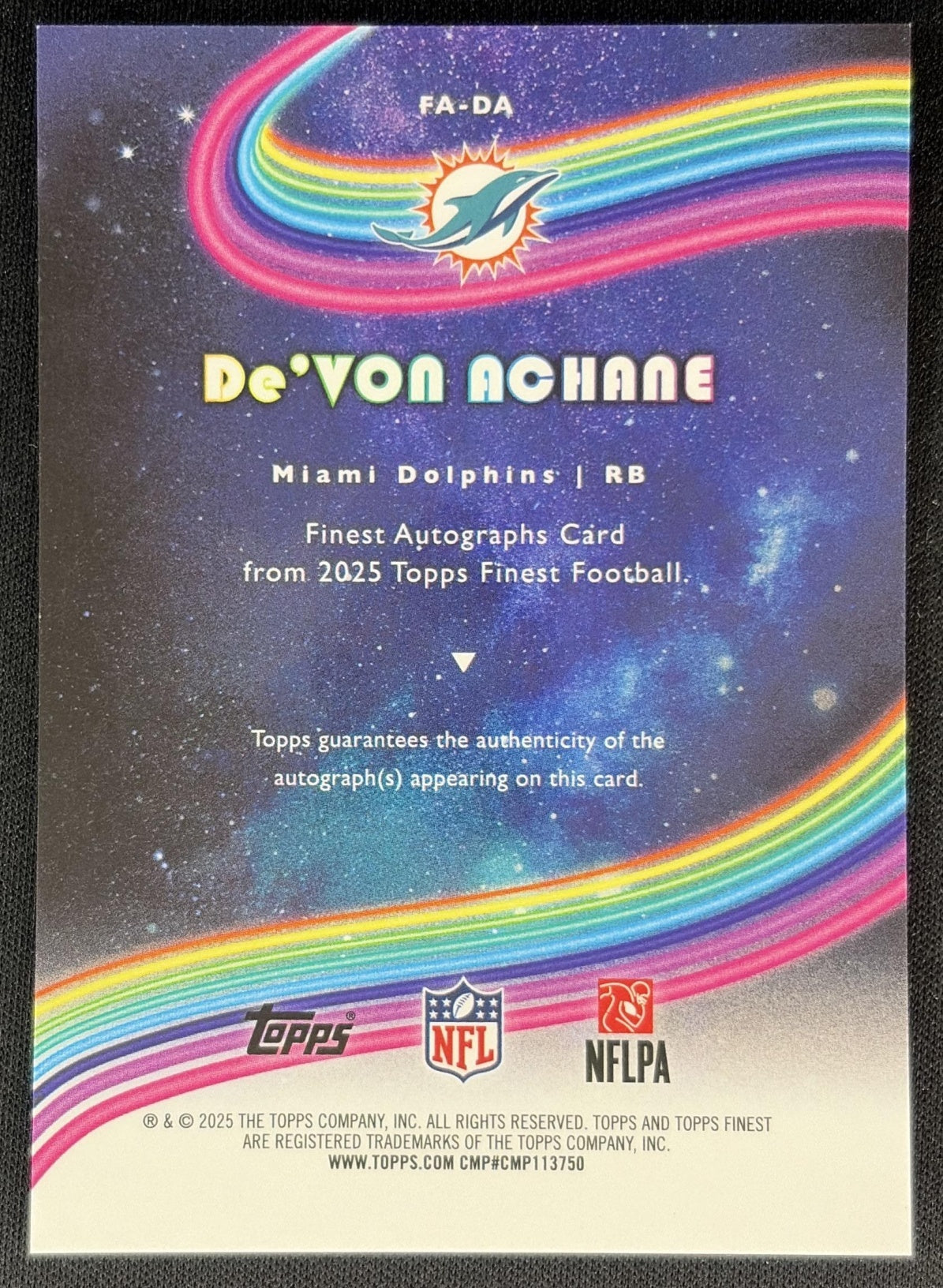 De'Von Achane 2025 Topps Finest Auto Dolphins Back