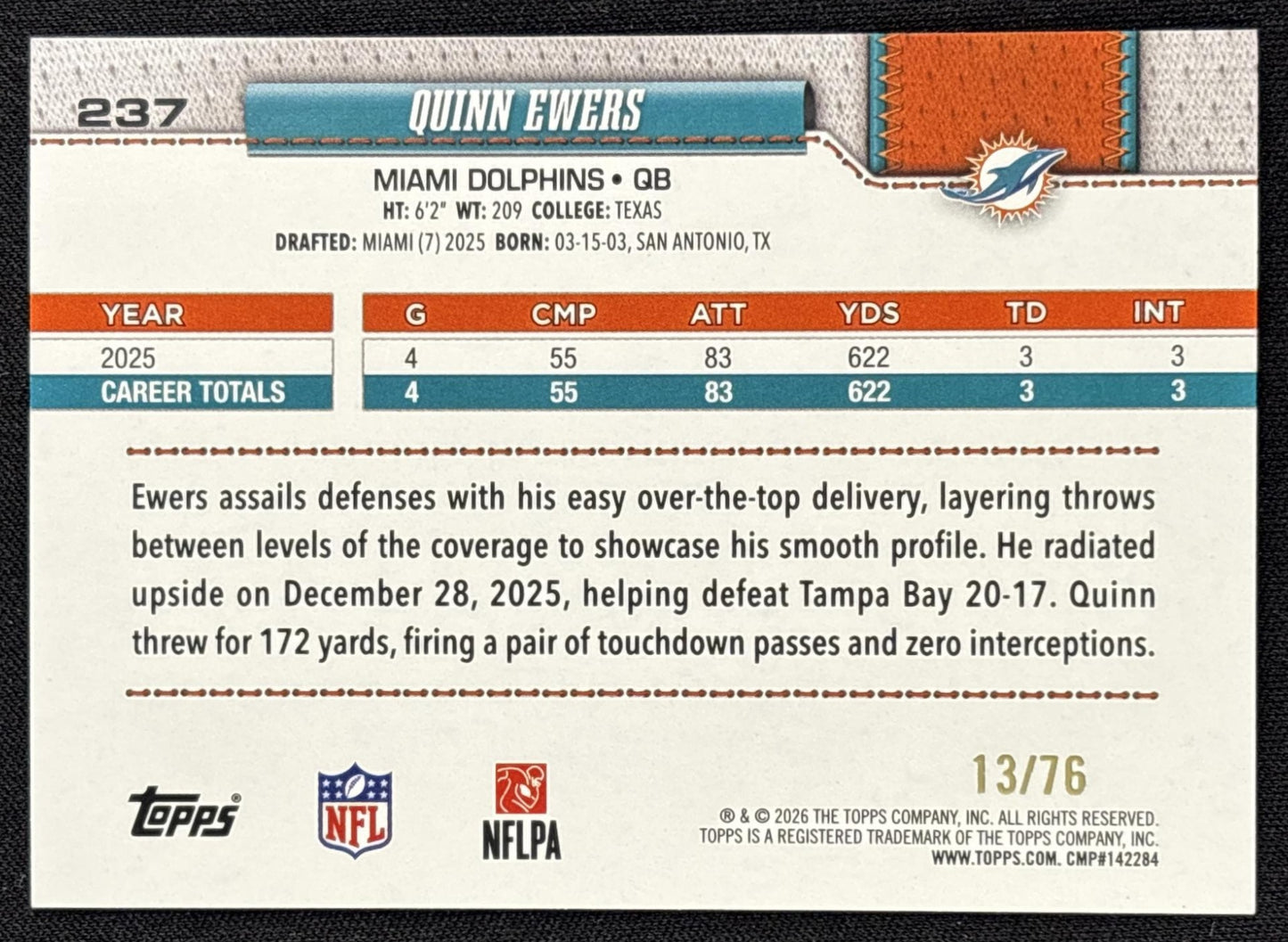 Quinn Ewers 2026 Topps Independence Day /76 Dolphins