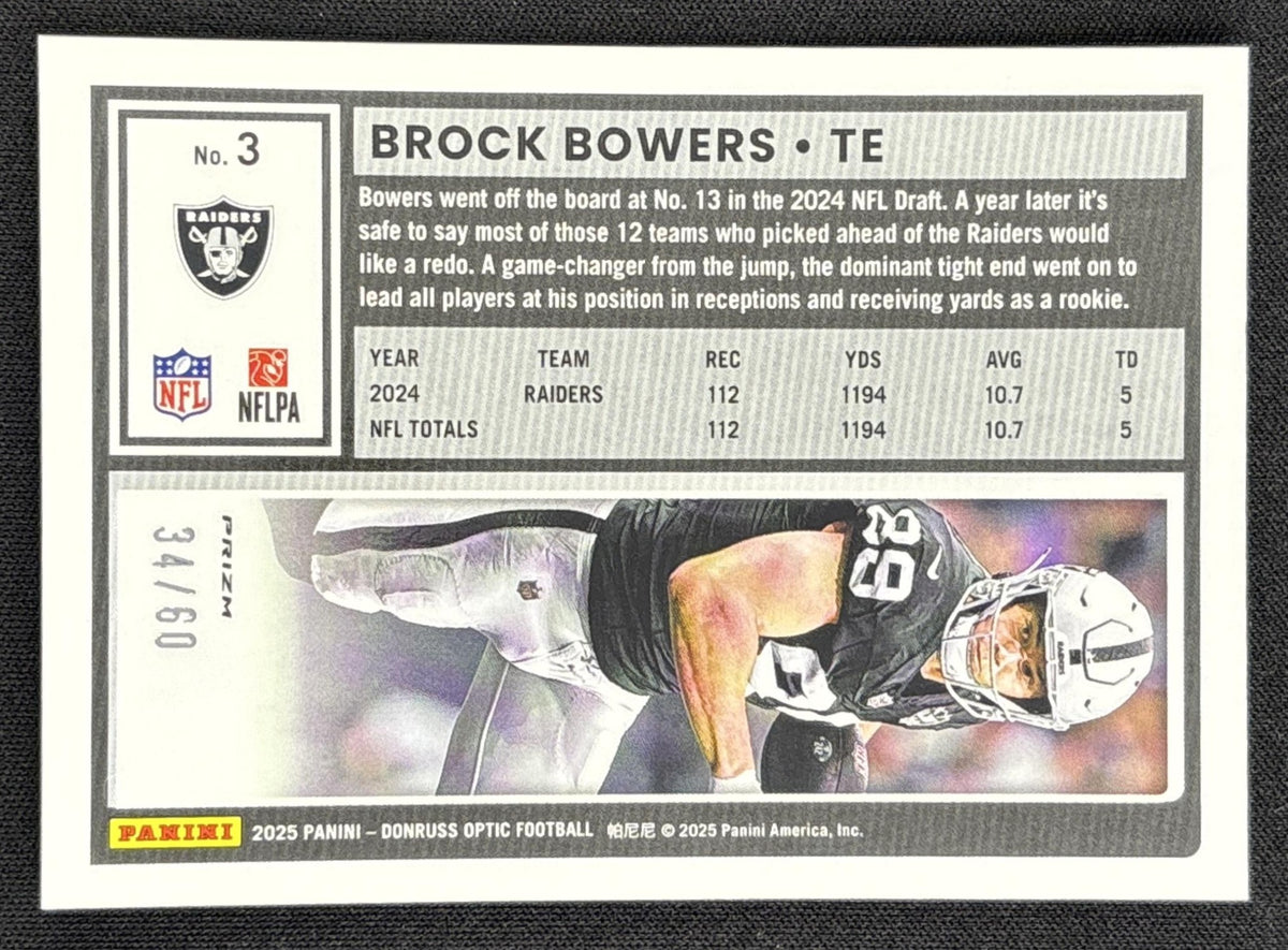 Brock Bowers 2025 Panini Donruss Optic Purple Prizm /60 Raiders Sports Trading Card