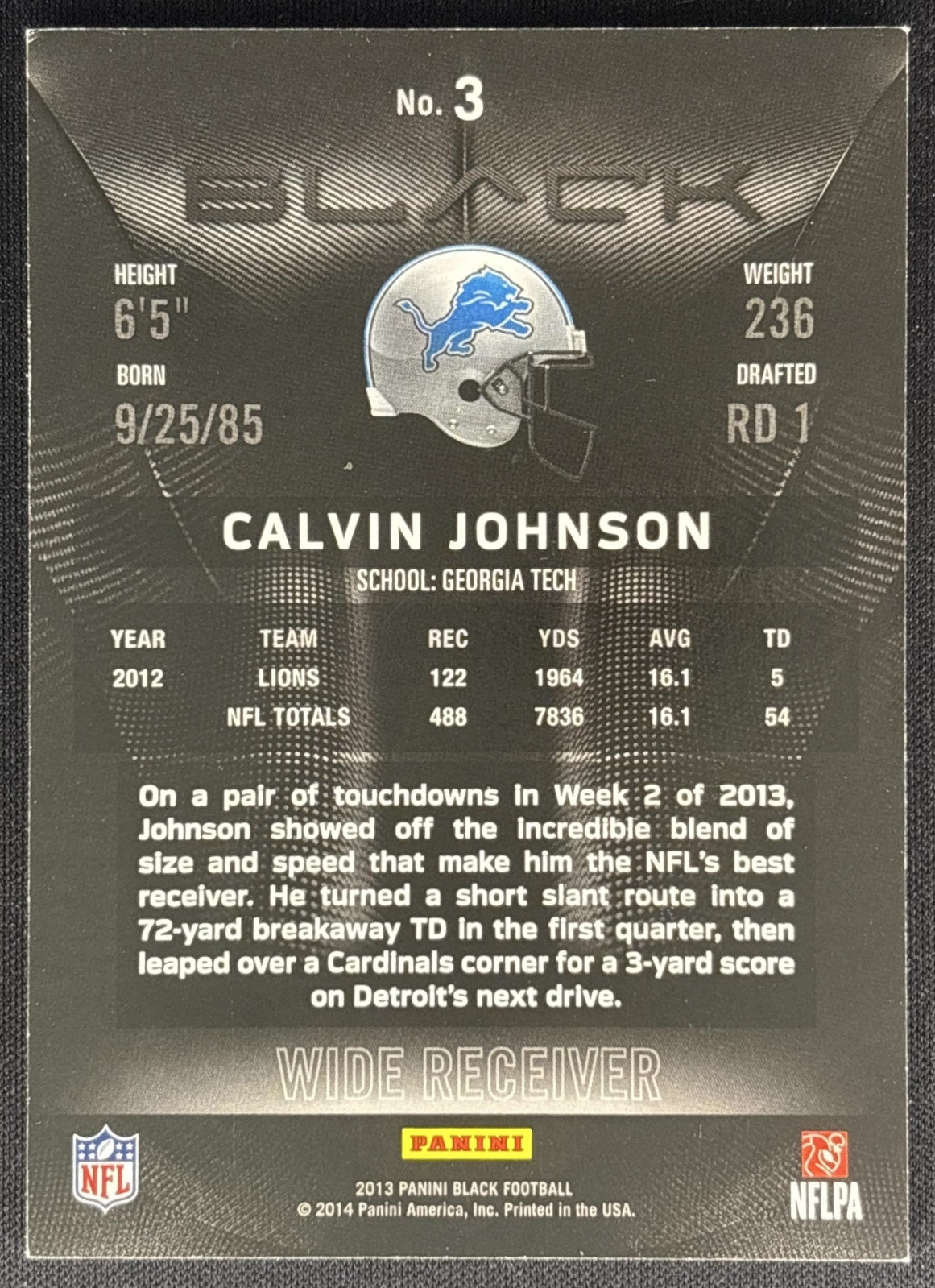 Calvin Johnson 2013 Panini Black /399 Lions 2 Sports Trading Cards