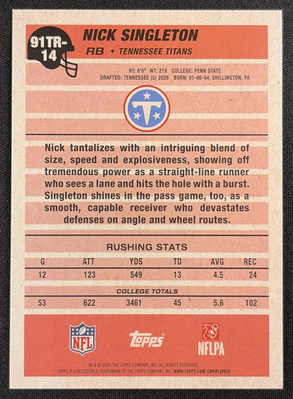 Nick Singleton 2026 Topps 1991 Rookie Crackle Foil Titans back