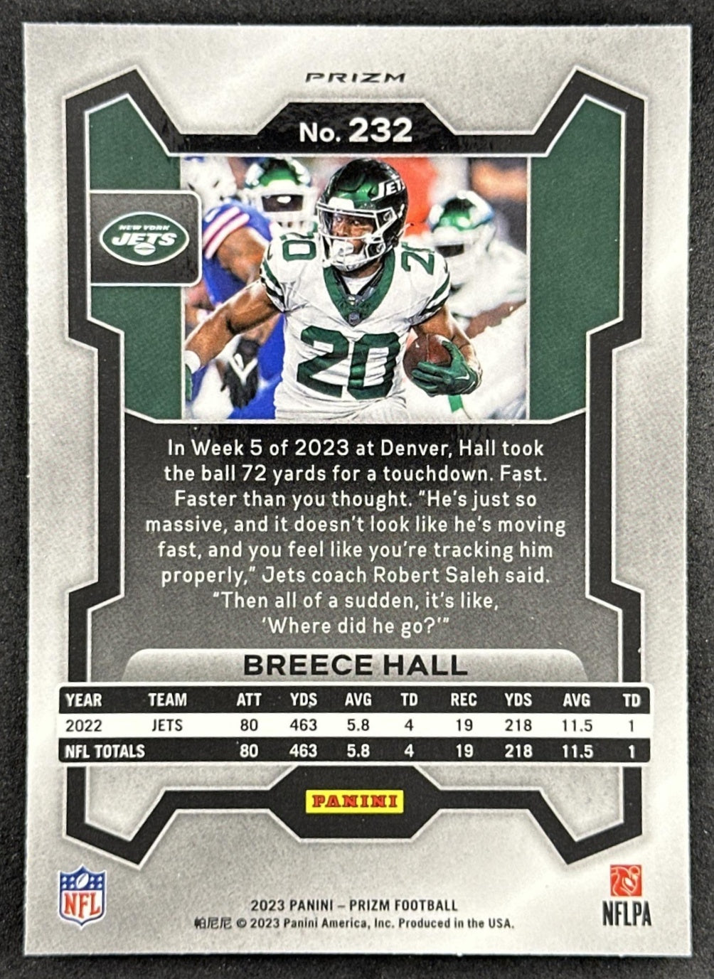 Breece Hall 2023 Panini Prizm Green Wave Jets Sports Trading Cards
