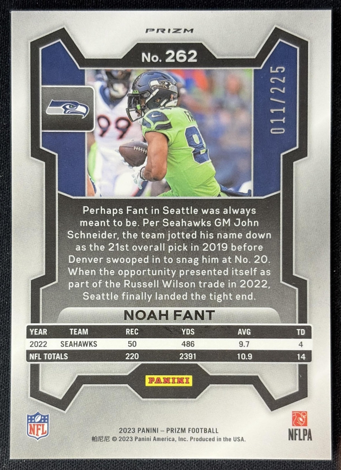 Noah Fant 2023 Panini Prizm Purple Ice /225 Seahawks