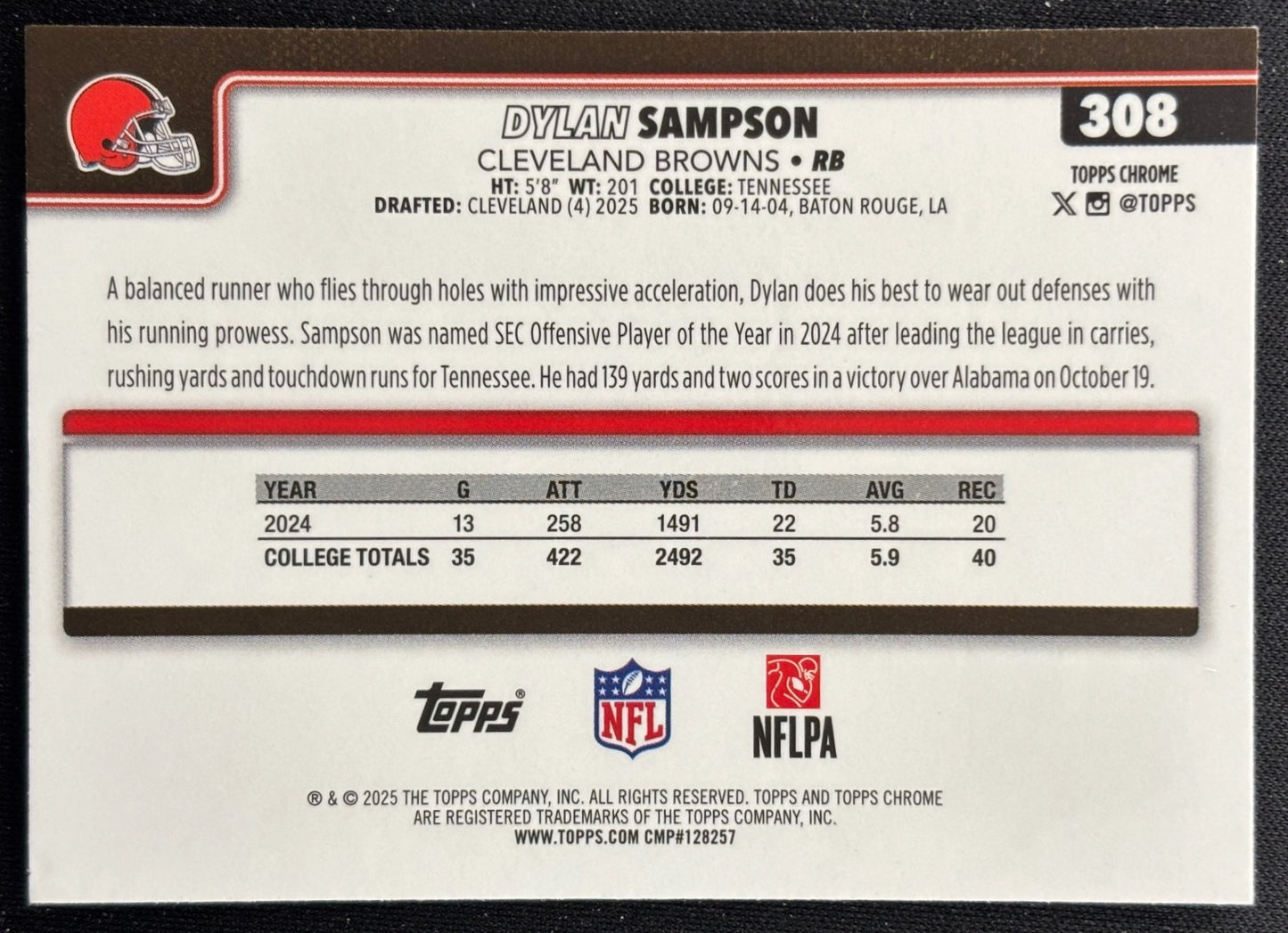 Dylan Sampson 2025 Topps Chrome Rookie Pulsar Refractor Browns Sports Trading Cards