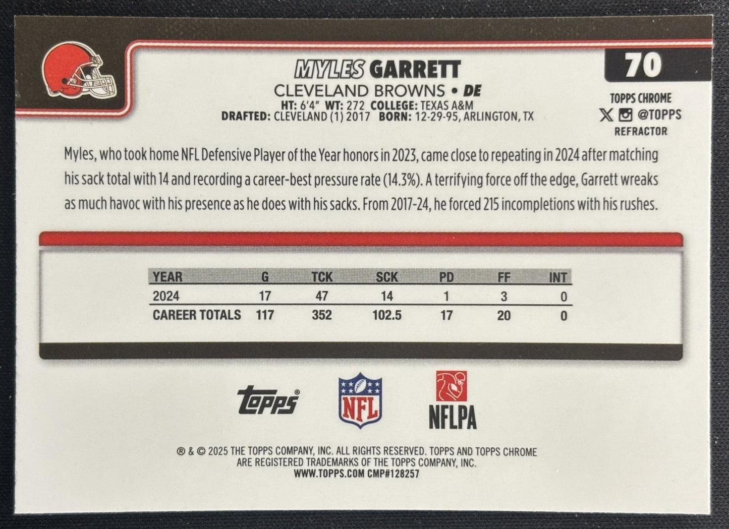 Myles Garrett 2025 Topps Chrome Refractor Browns Sports Trading Cards