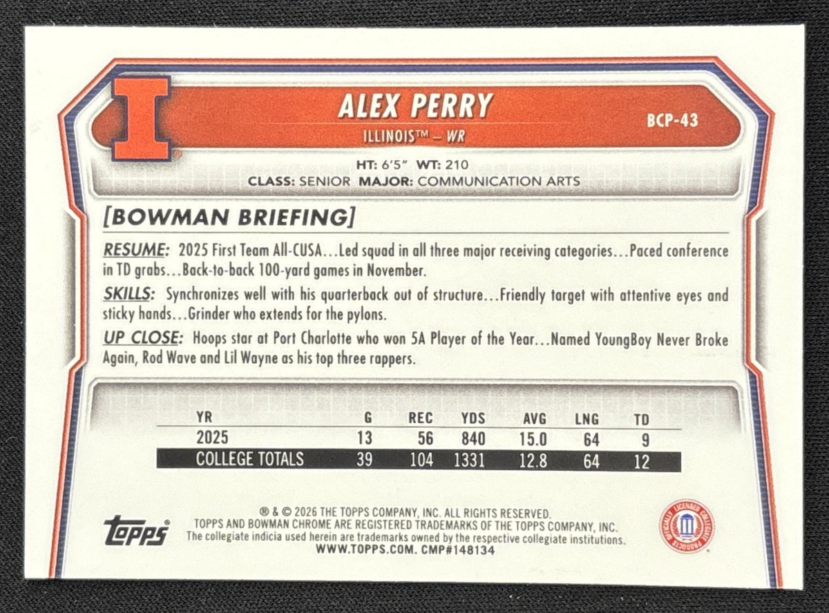Alex Perry 2026 Bowman Chrome Prospects Steel Metal Refractor /100 Fighting Illini Sports Trading Card